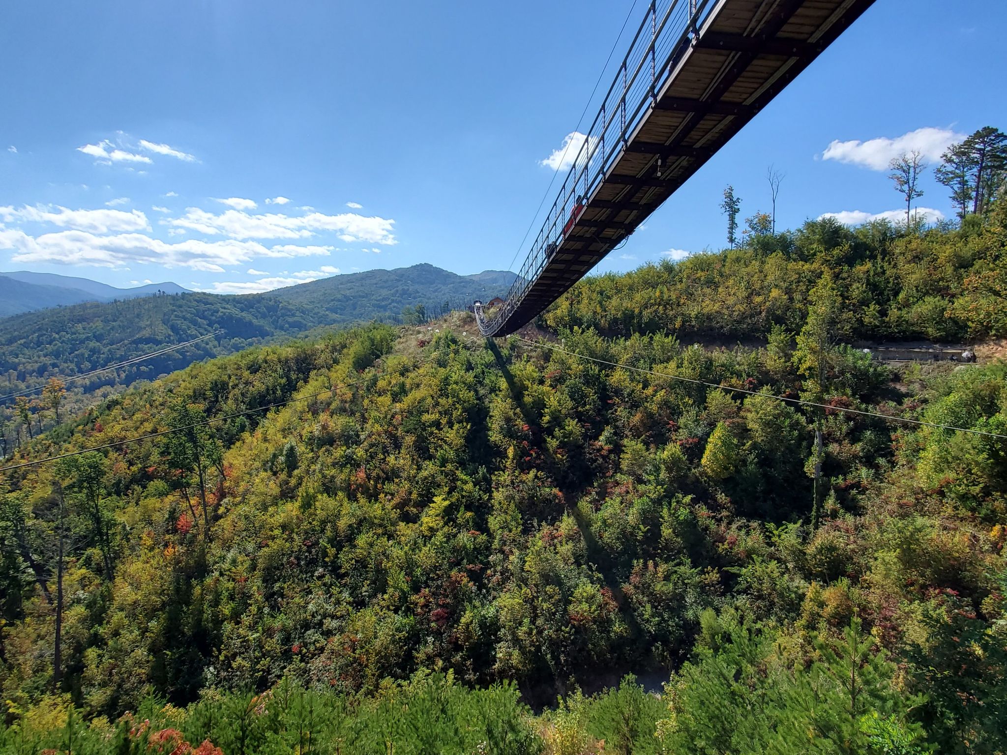 A long suspension bridge spans over a vibrant green and autumn-colored mountain valley. - Gatlinburg SkyBridge loop from Gatlinburg