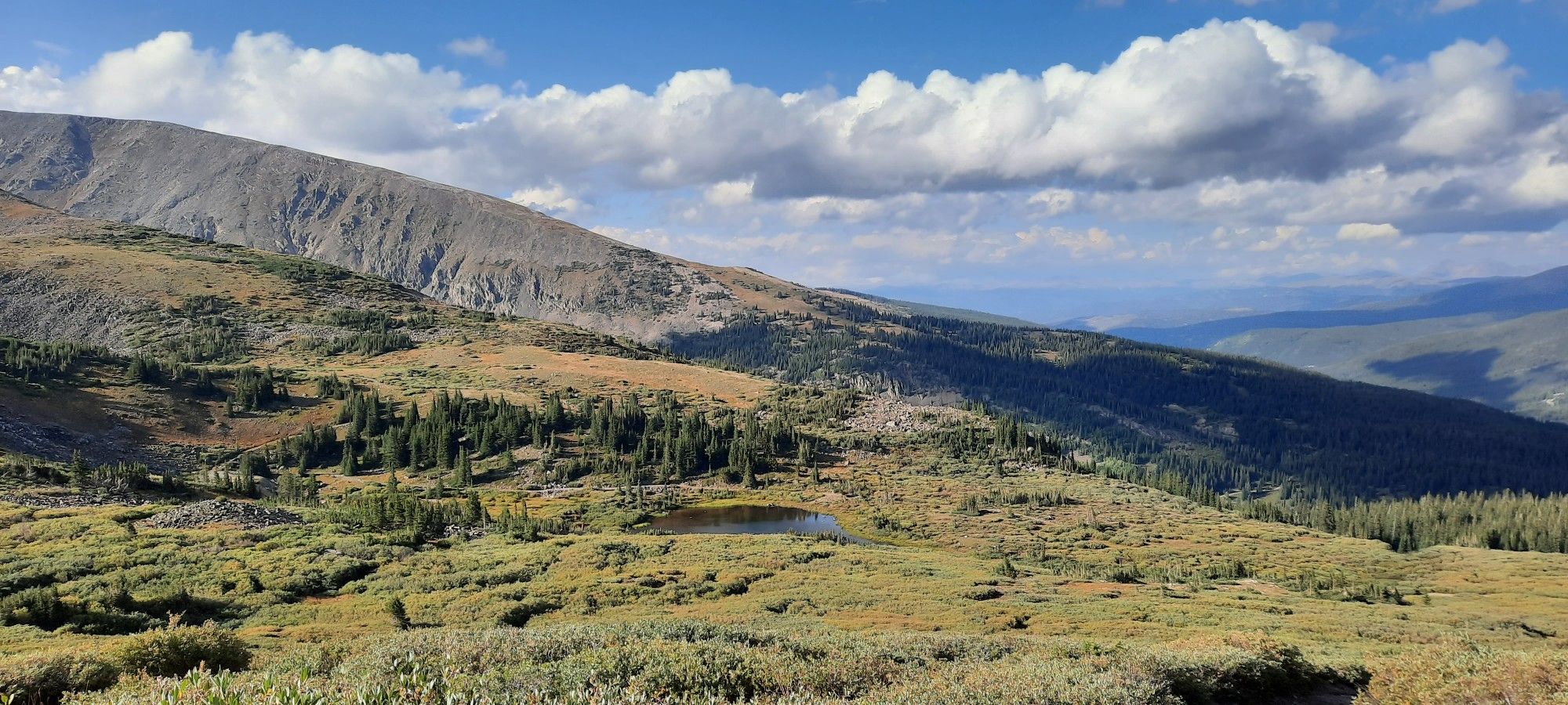 Expansive mountain landscape with a small pond and varied vegetation under cloudy sky. - North Star Mountain Summit