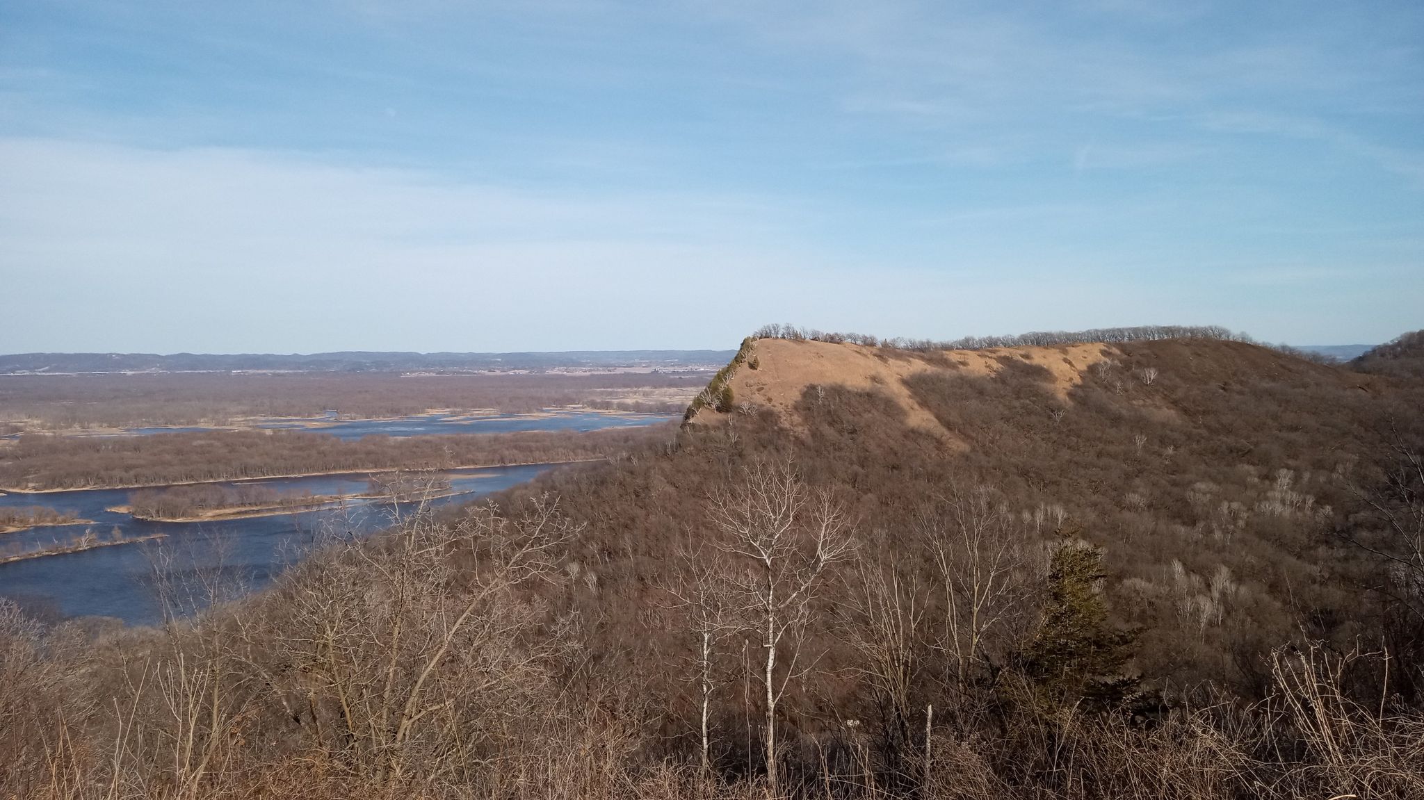 Panoramic view of a wide river valley with a prominent bluff under a clear sky. - King's Bluff Trail