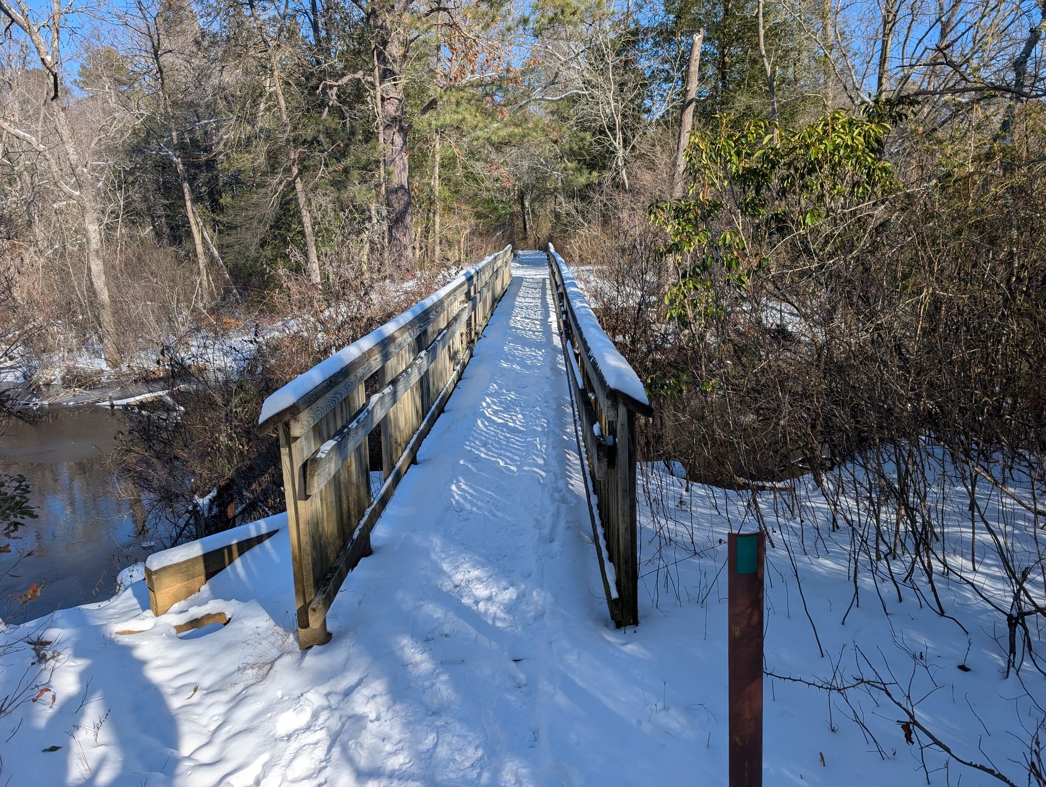 A snow-covered wooden footbridge crosses a small creek in a winter forest. - Parvin State Park loop from Pittsgrove Township