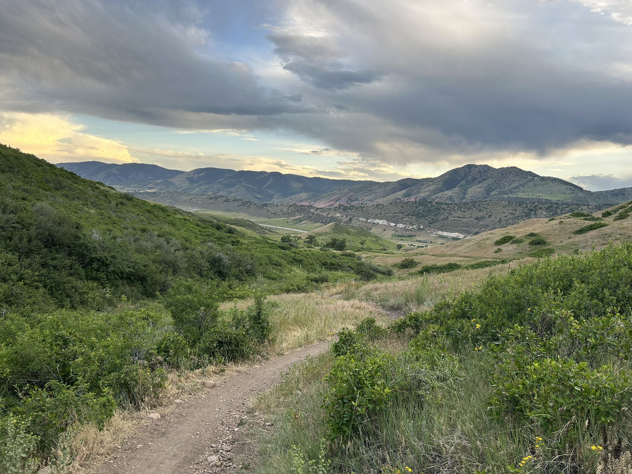 Dirt path through green hills and bushes under a cloudy sunset sky. - Green Mountain Trail