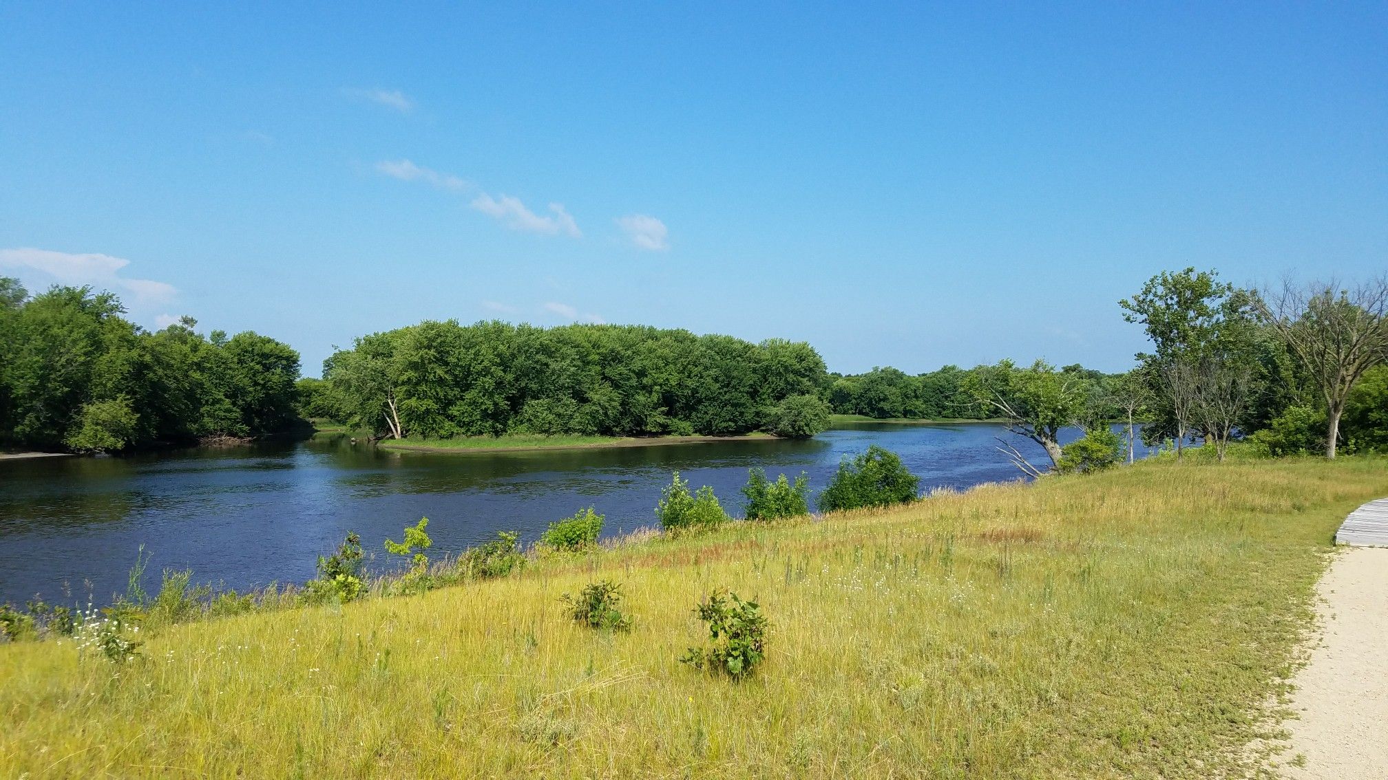 A wide river flows past a grassy bank and dense green trees under a bright blue sky. - Crow Wing Confluence Trail