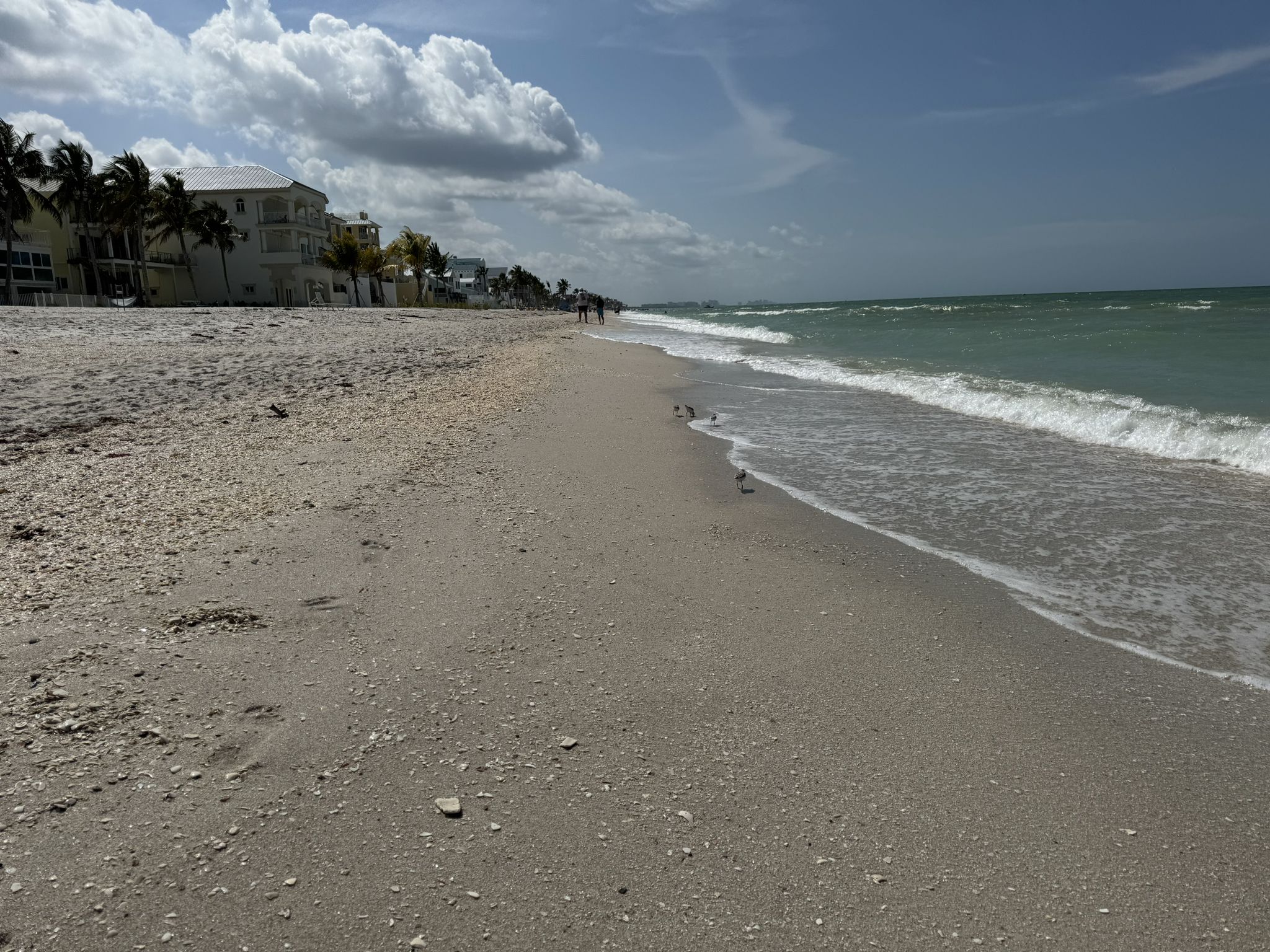 Sunny beach with gentle waves, distant buildings, and people walking. - Bonita Beach Walk