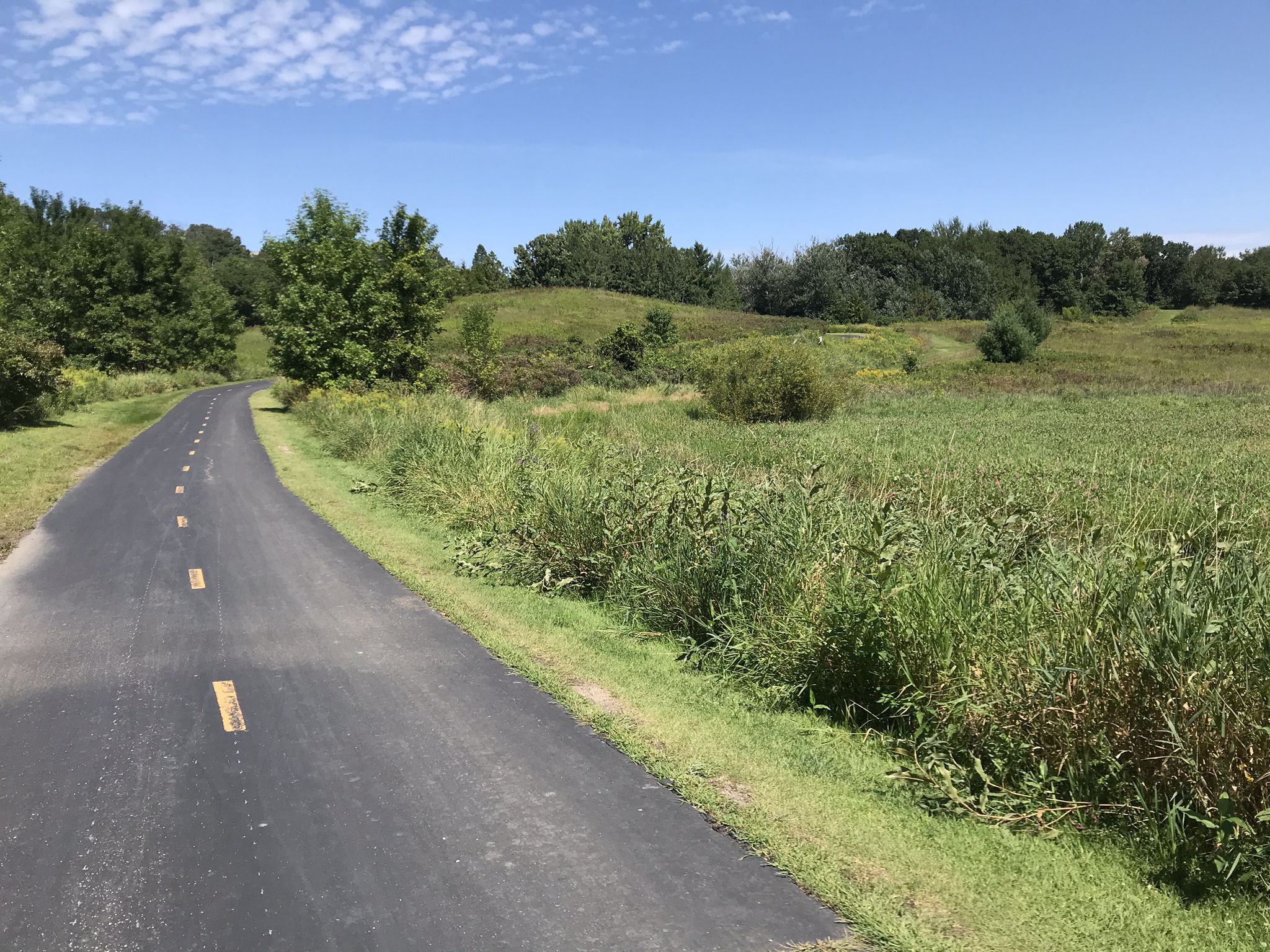 Paved path curving through a grassy field with distant trees under blue sky. - Hyland Lake – CP Rail Regional Trail loop from 106 St W