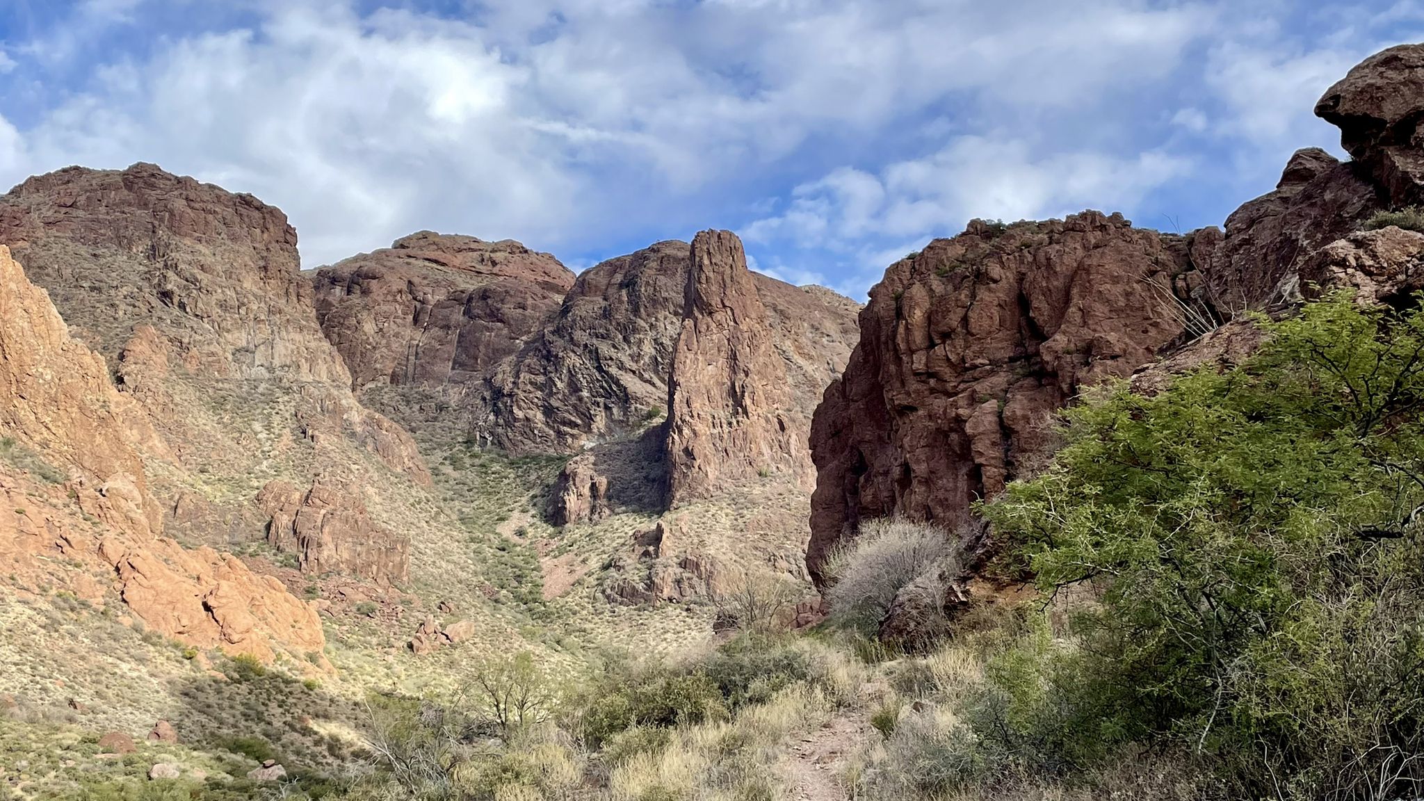 Rugged desert canyon with steep rocky walls and sparse green vegetation under cloudy sky. - Arch Canyon Trail