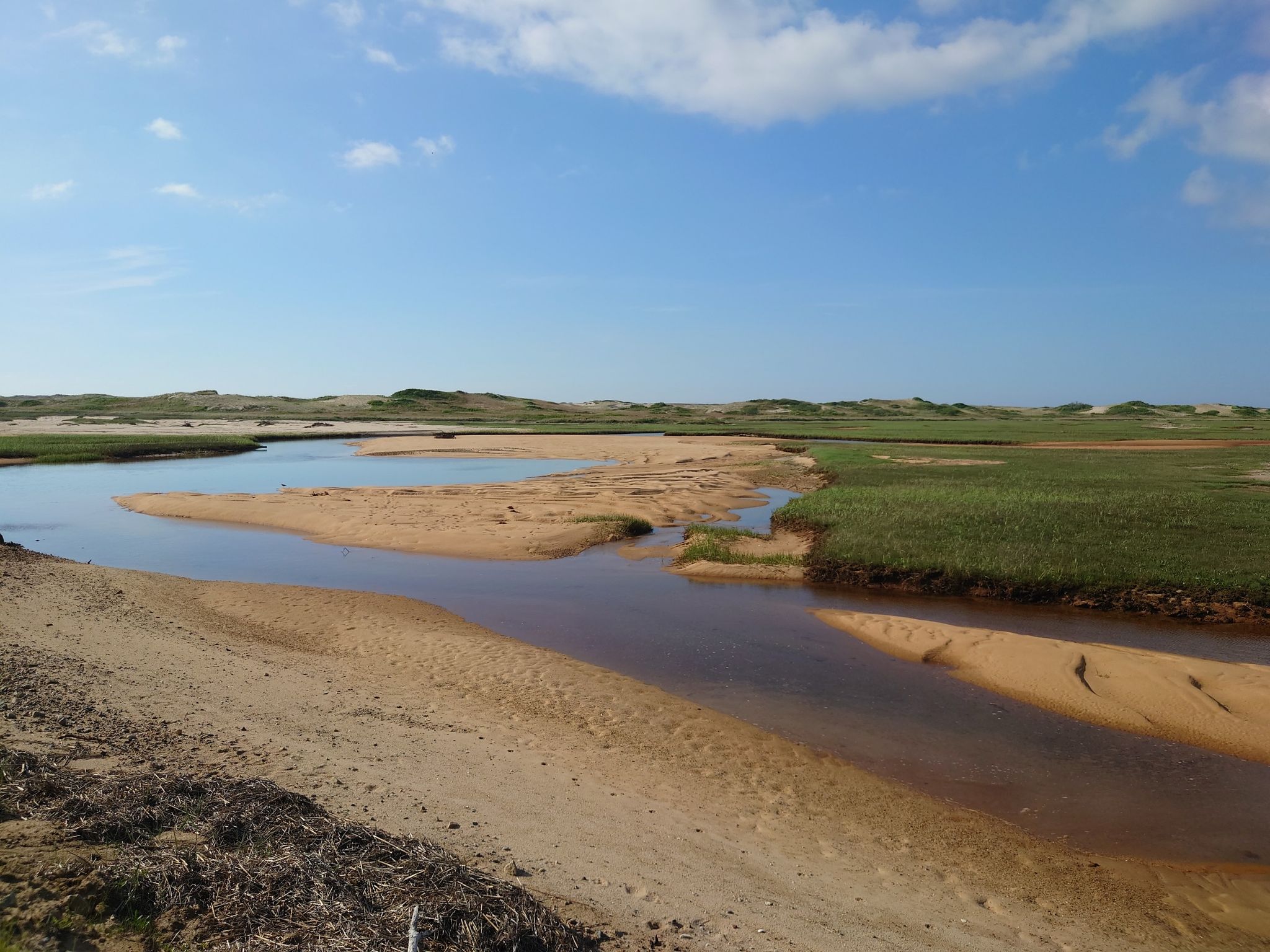 A winding tidal creek flows through sandy banks and green marshland. - Hatches Harbor and Race Point Lighthouse