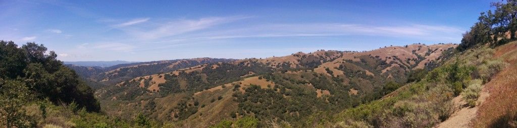 Panoramic view of sunlit rolling hills and valleys under a clear blue sky. - Steer Ridge Loop at Hunting Hollow