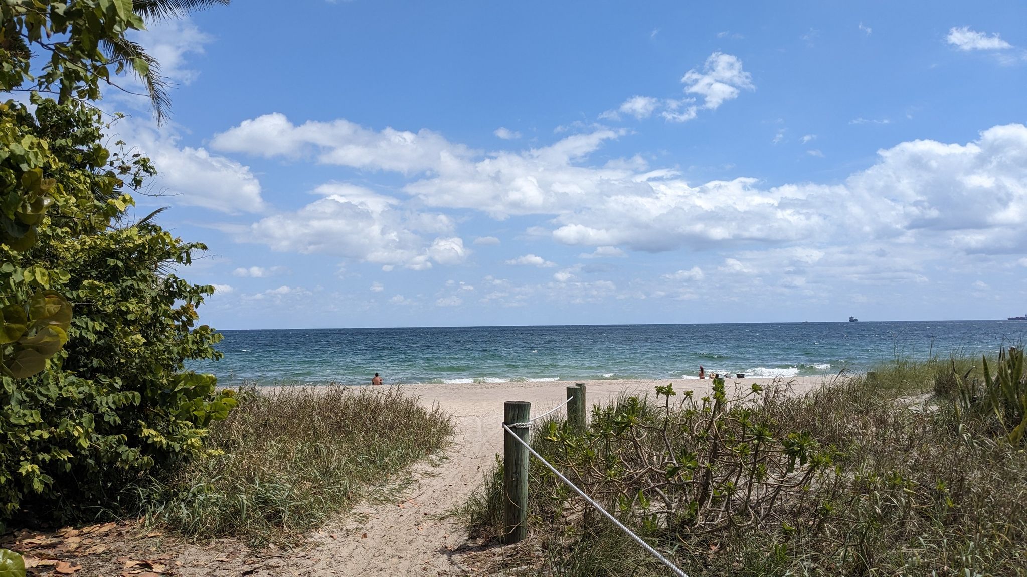 Sandy path leading to a sunny beach with blue ocean and distant people. - Barrier Islands Greenway