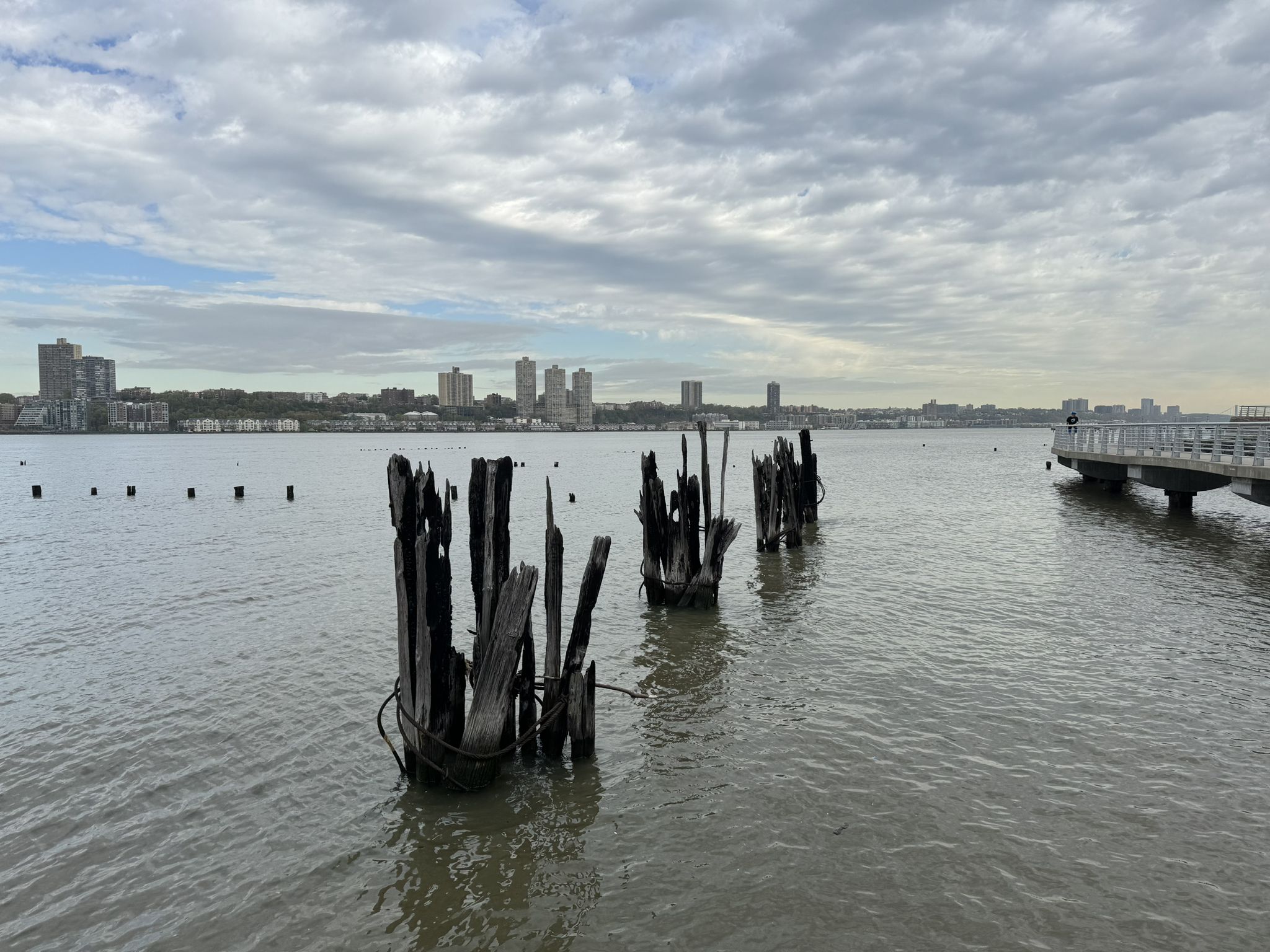 Water with old wooden pilings and a distant city skyline under an overcast sky. - Hudson River Greenway – Hudson River Greenway loop from 116th Street–Columbia University