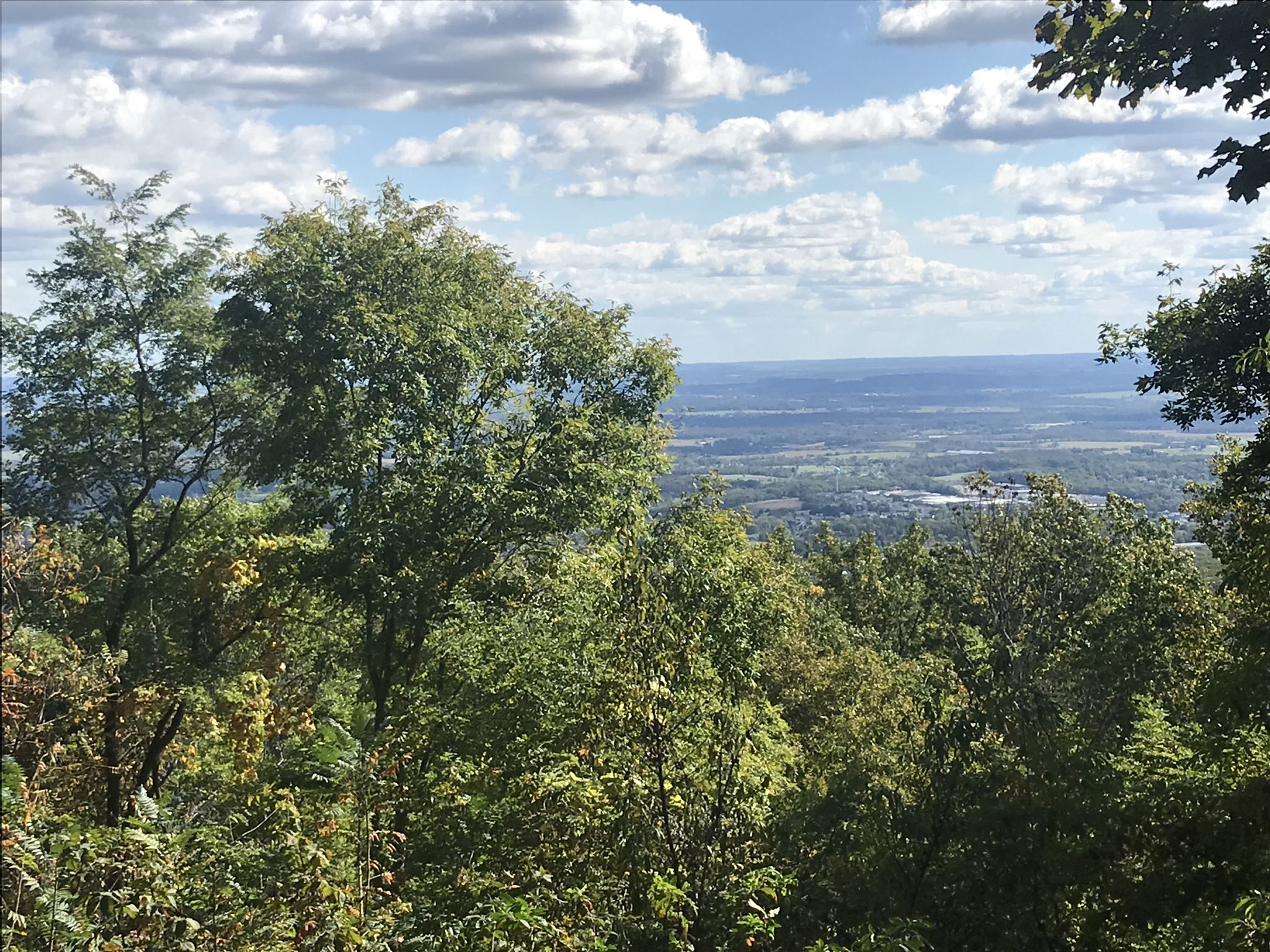 Lush green trees overlook a vast valley under a partly cloudy sky. - Thurmont Vista Loop Trail