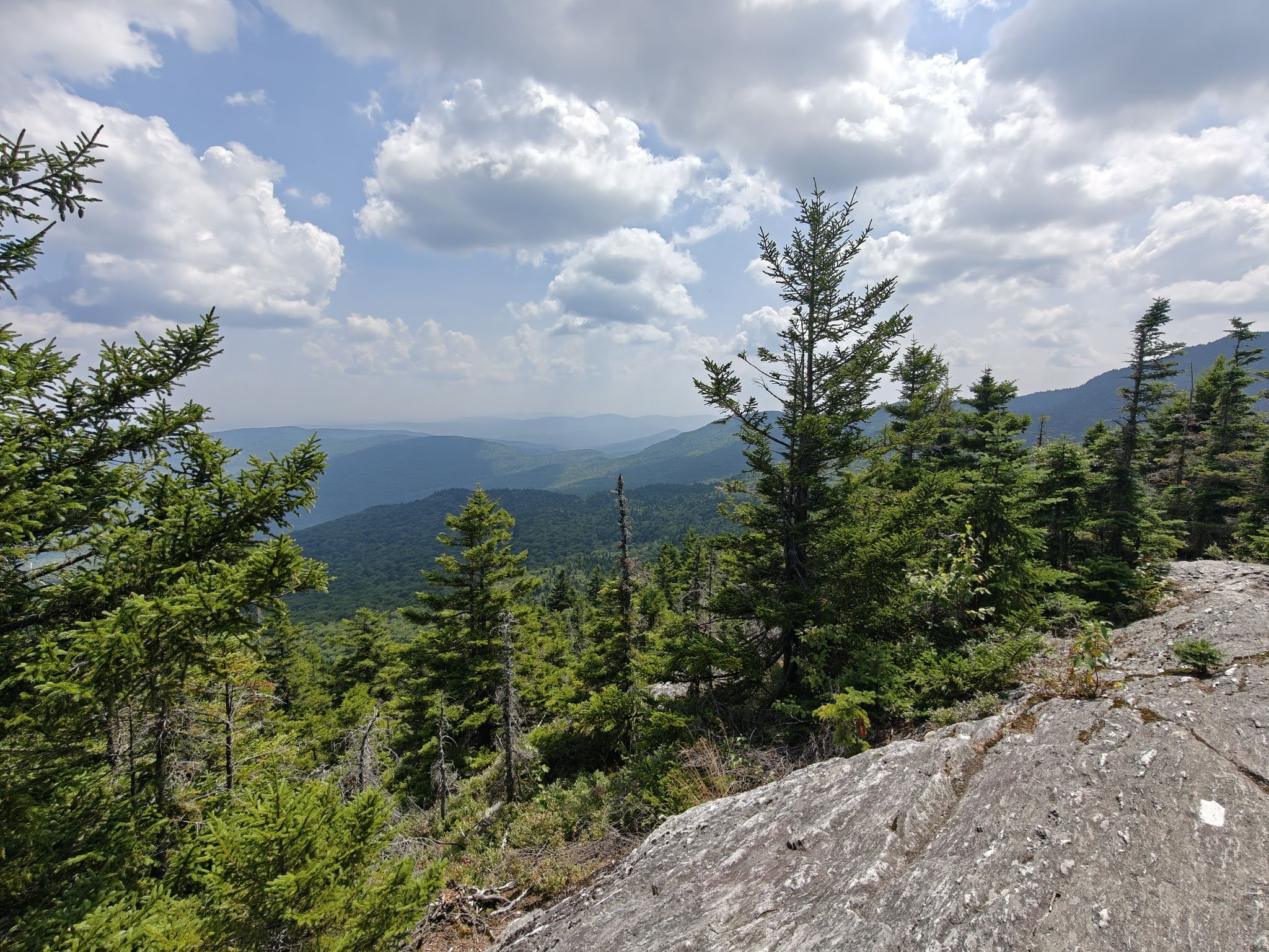 Sunny mountain vista with green forests and a partly cloudy sky. - Camel's Hump via Monroe, Alpine, Long and Dean Trail