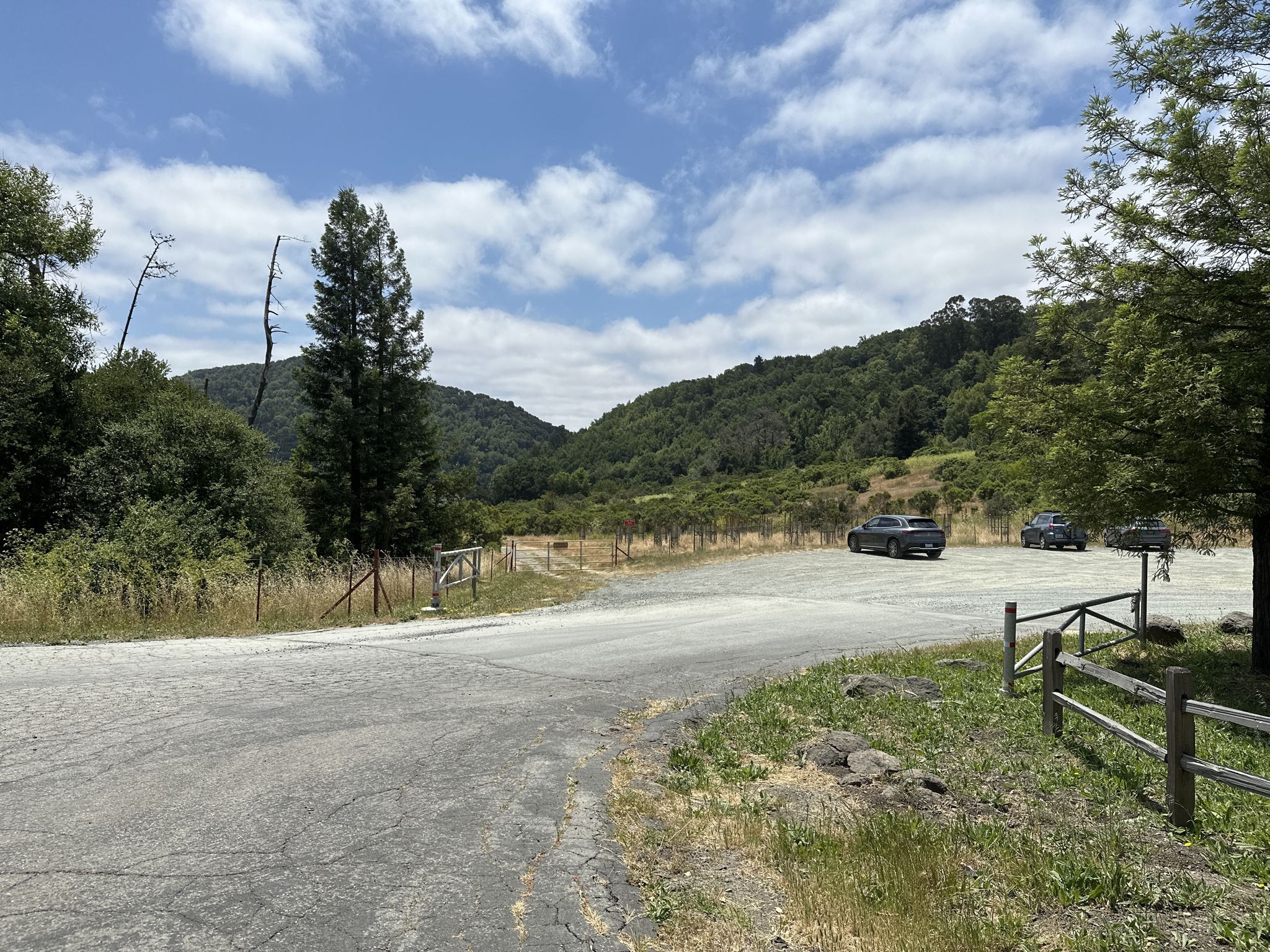 Dirt parking lot with cars, surrounded by trees and hills. - Lamorinda Trail Loop