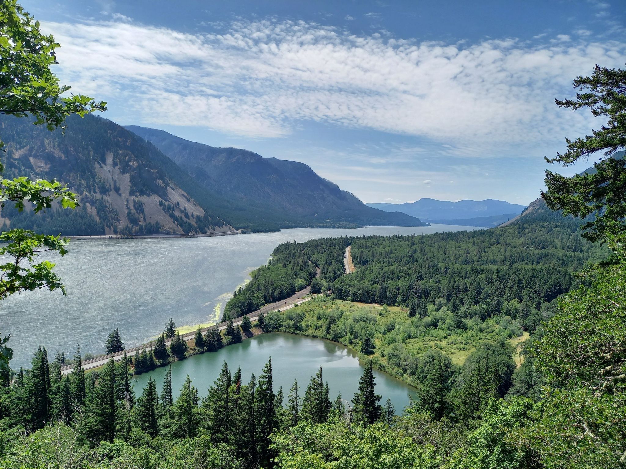 River winding through mountains and forests under a partly cloudy sky. - Dog Mountain loop — Gifford Pinchot National Forest