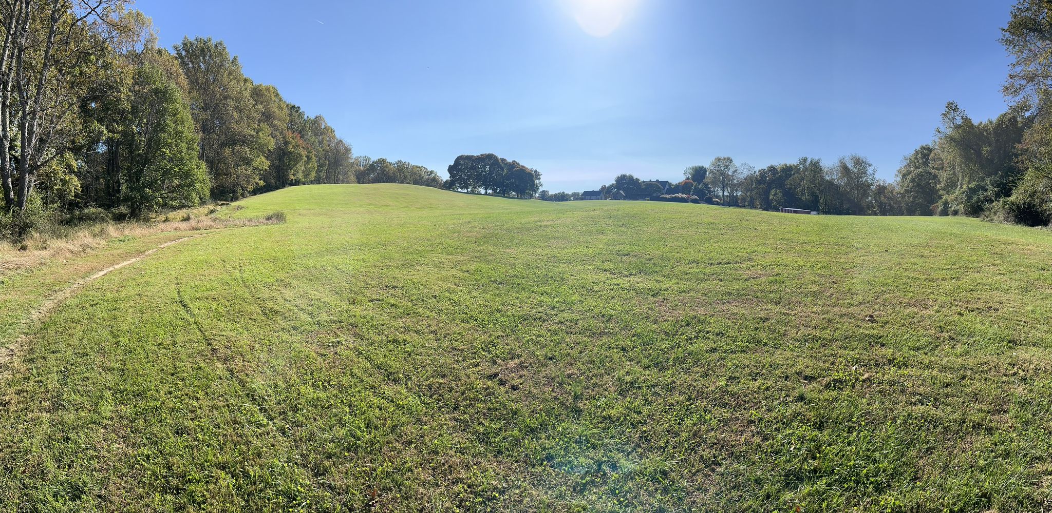 Wide panoramic view of a sunny, green grassy field with distant trees. - North Branch and Kengla Trail Loop
