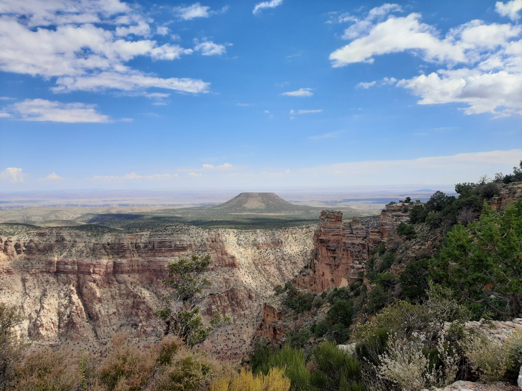 Vast canyon landscape under a bright blue sky with scattered clouds. - Grand Canyon Village to Desert View Point