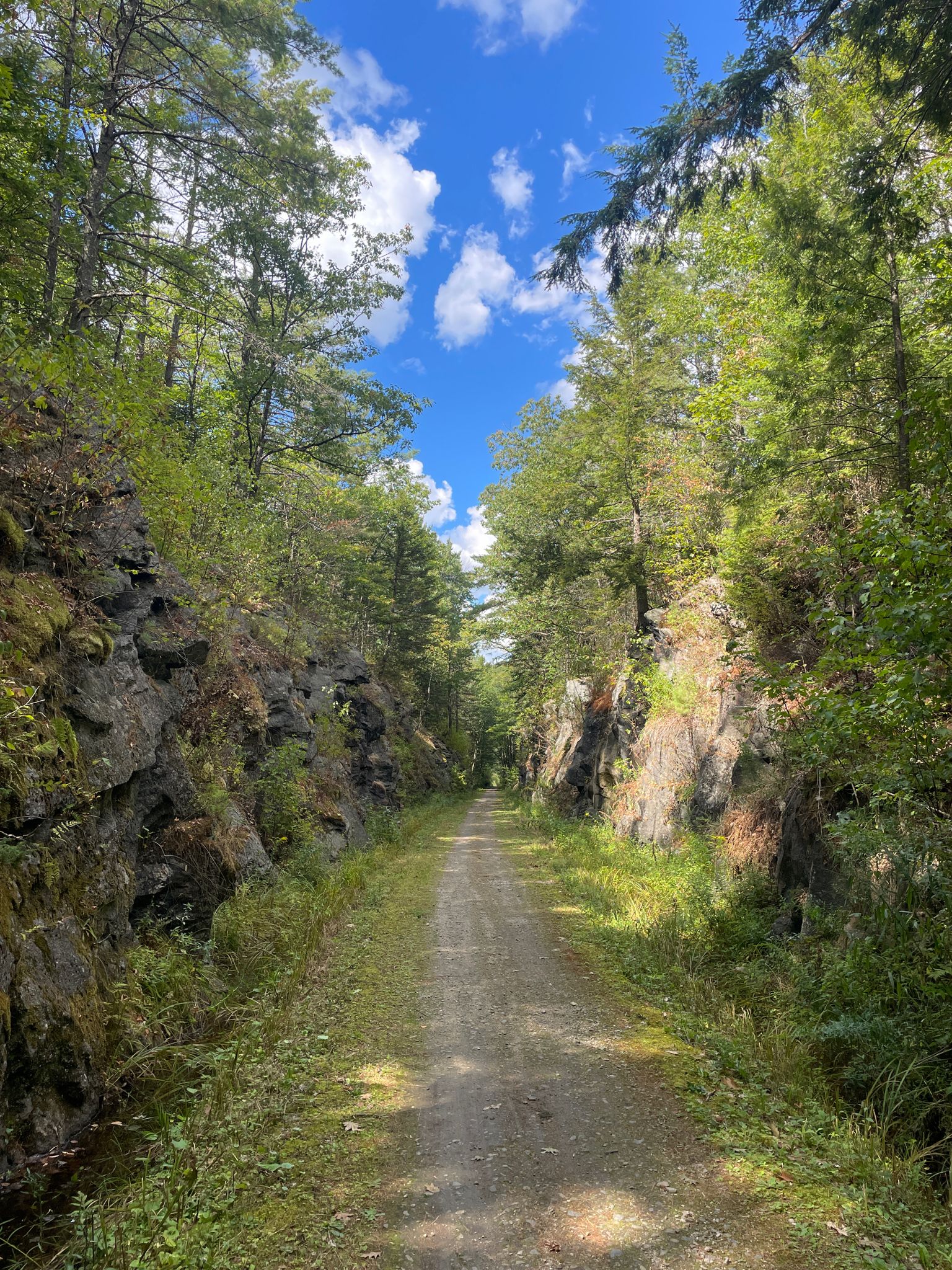 Narrow dirt path through a forest, flanked by rocky cliffs and tall trees. - Rock Railroad Cut – Grafton Pond loop from Grafton Pond