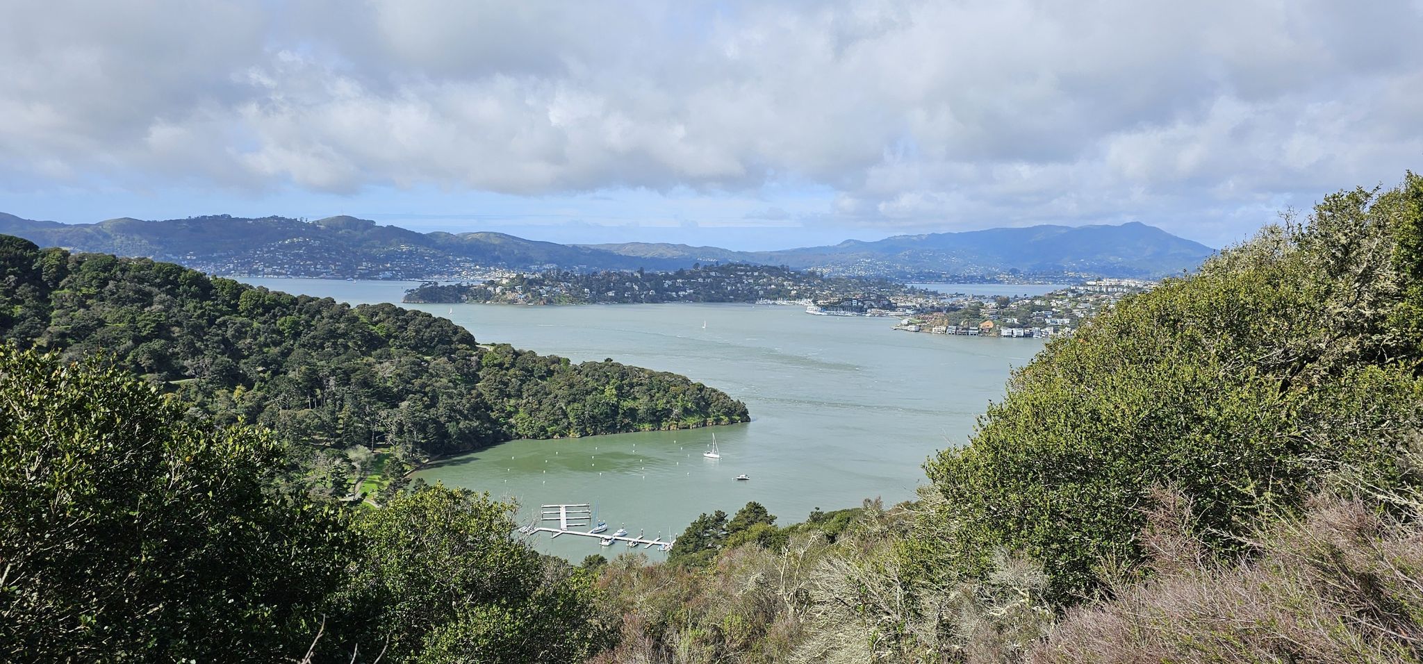Panoramic view of a large bay surrounded by green hills under a cloudy sky. - North Ridge and Sunset Trail Loop