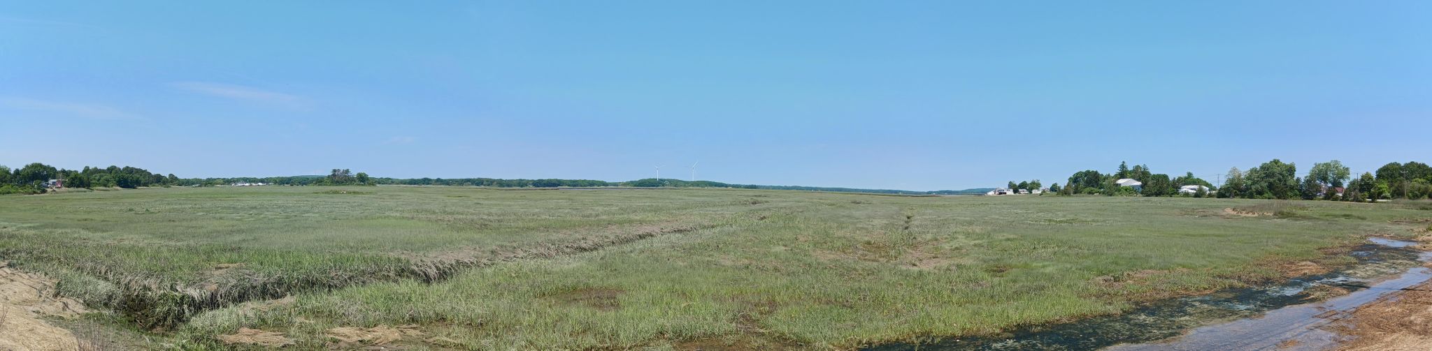 Expansive green marshland under a clear blue sky, with distant trees and buildings. - View of Pavilion Beach – Historic Downtown Ipswich loop from Ipswich