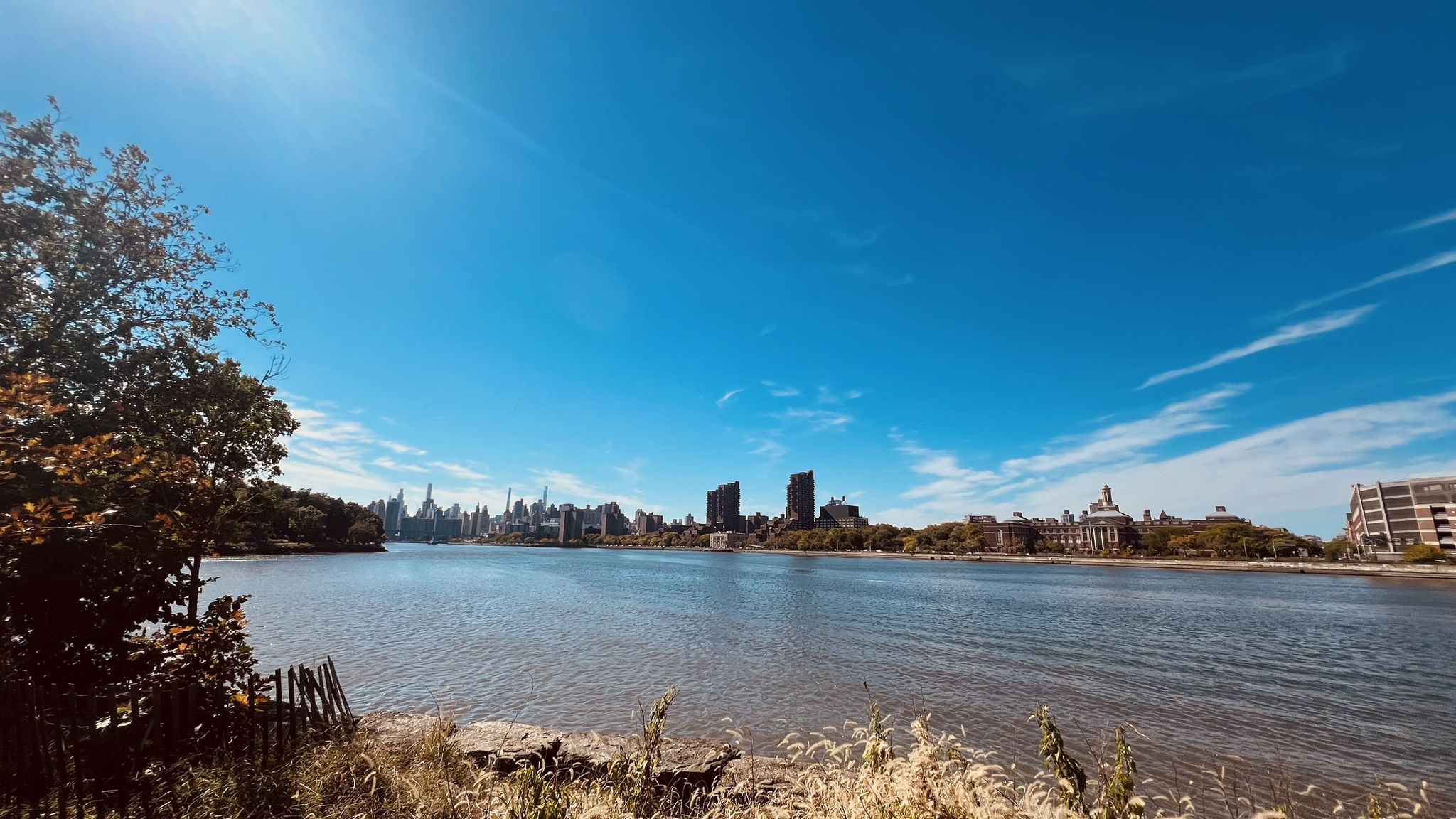 Wide river view with distant city skyline under a bright blue sky. - Randall's Island Loop