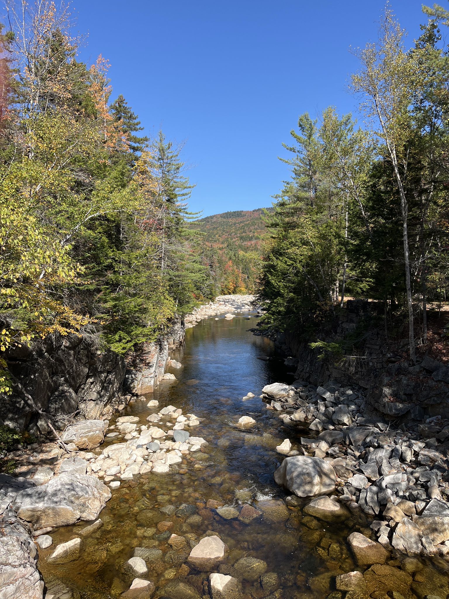 Clear river flowing over rocks, surrounded by colorful autumn forest. - Rocky Gorge – Kancamagus Pass loop from Lincoln