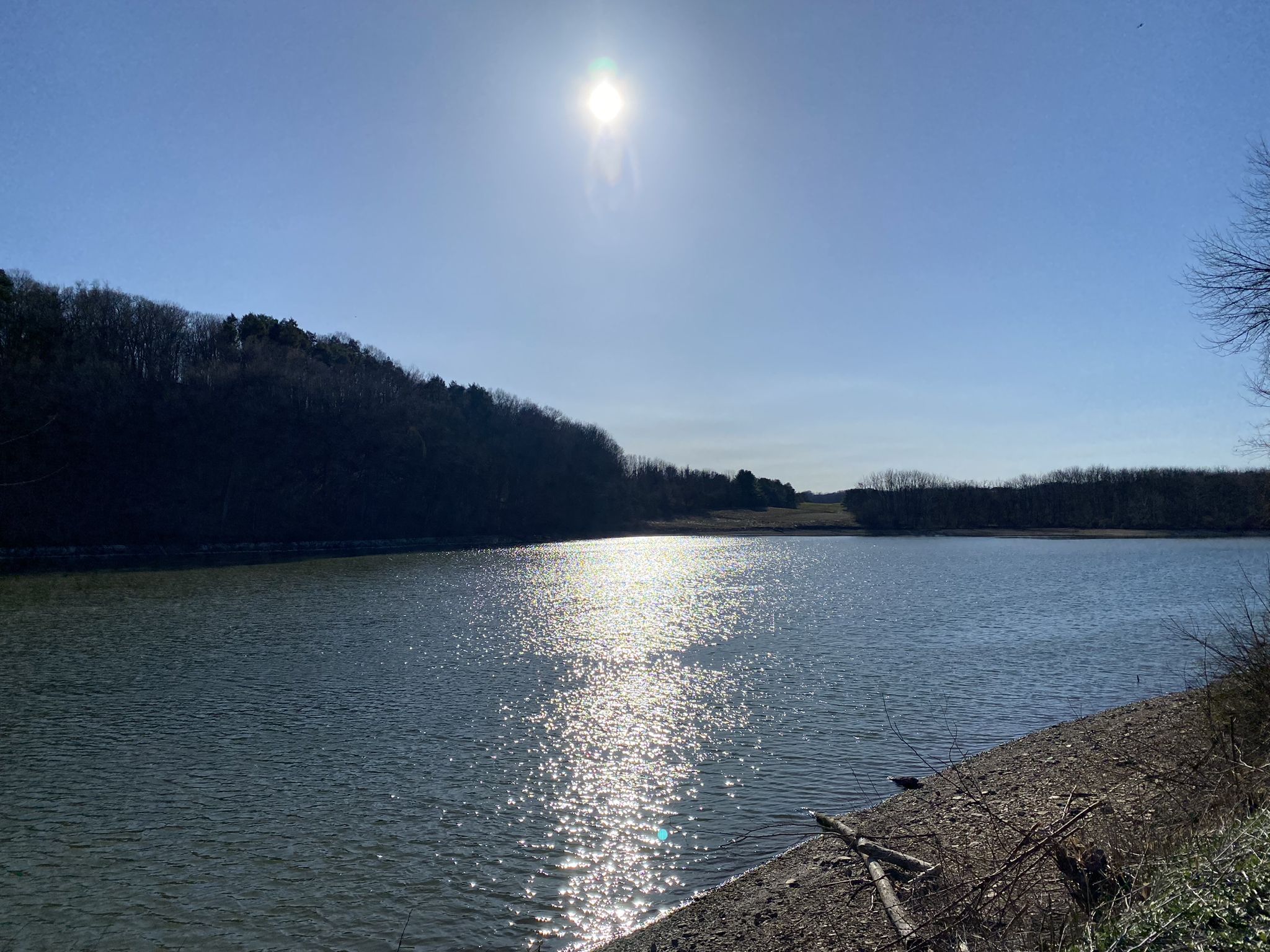 A wide lake with sun reflecting brightly, surrounded by dark forested hills. - Lake Border Trail - North Loop