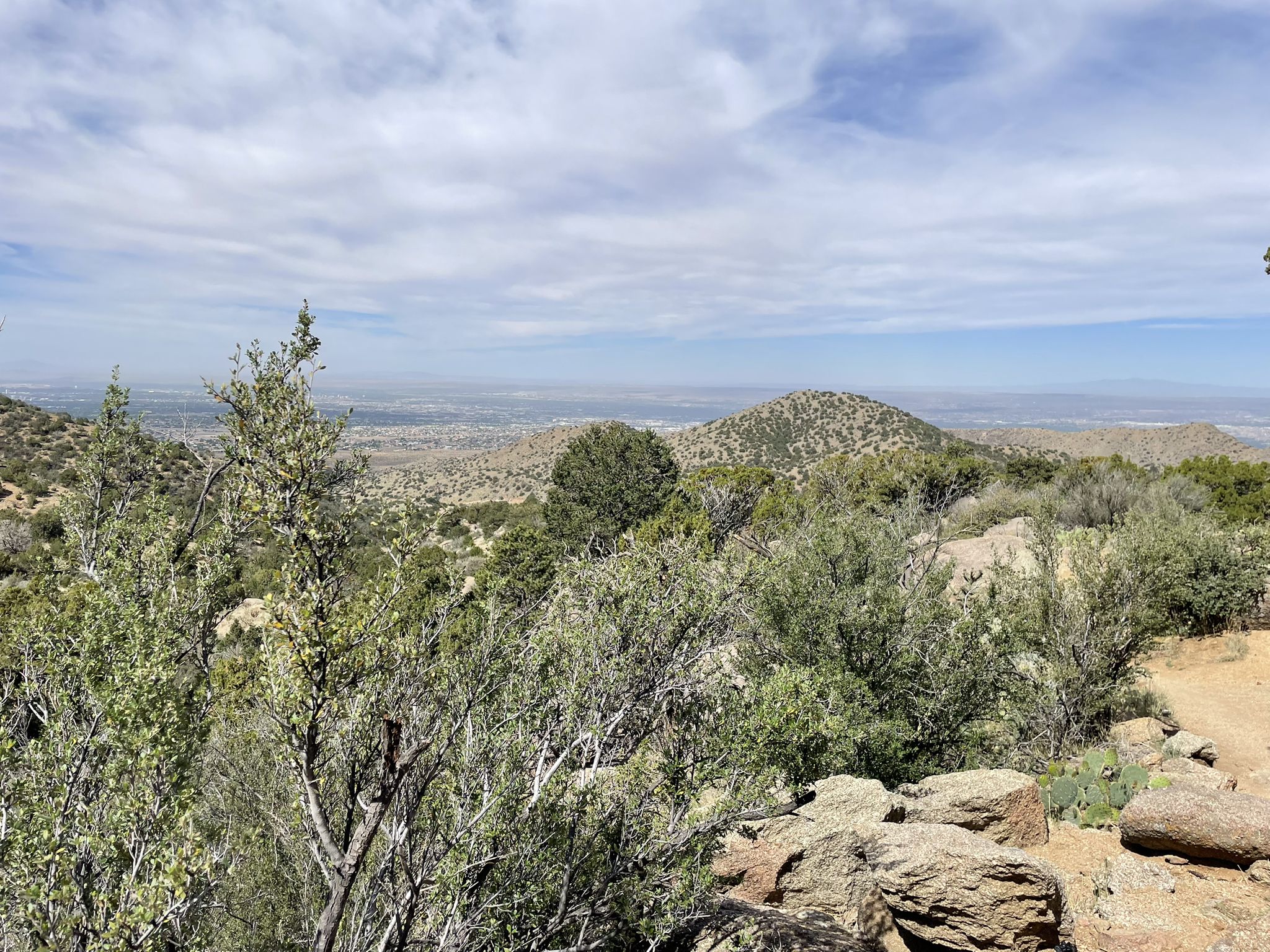 Green shrubs and distant hills under a partly cloudy sky. - La Luz Trail
