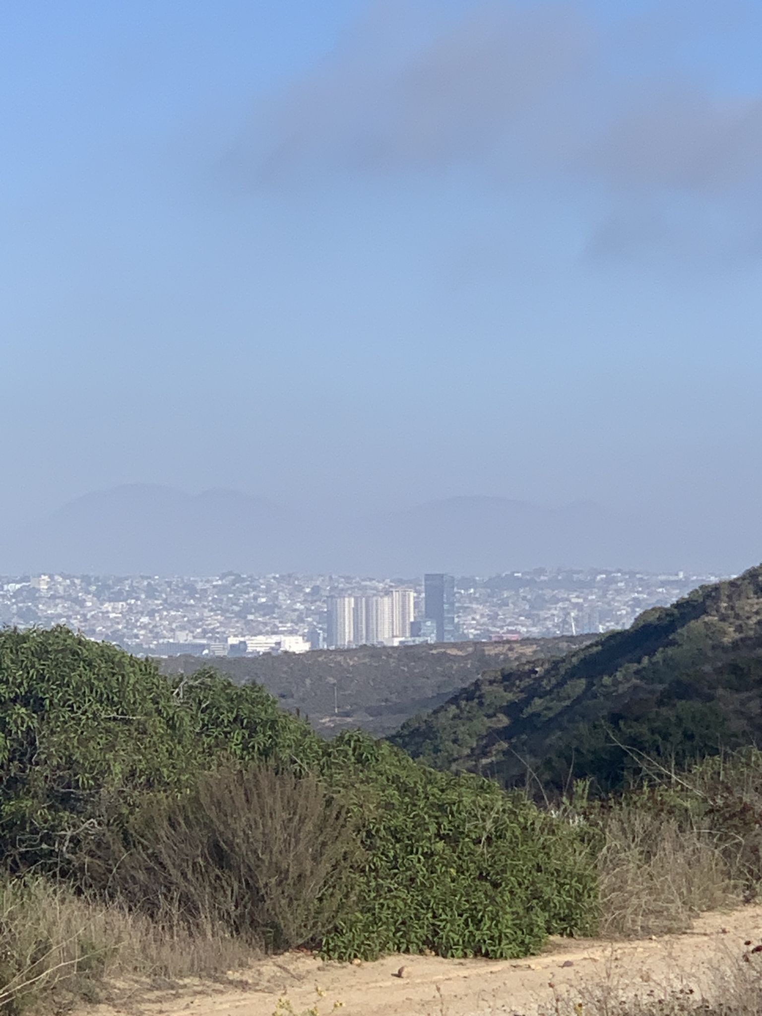 Distant city skyline visible over green, sunlit hills under a clear sky. - Spooners Mesa Trail Loop