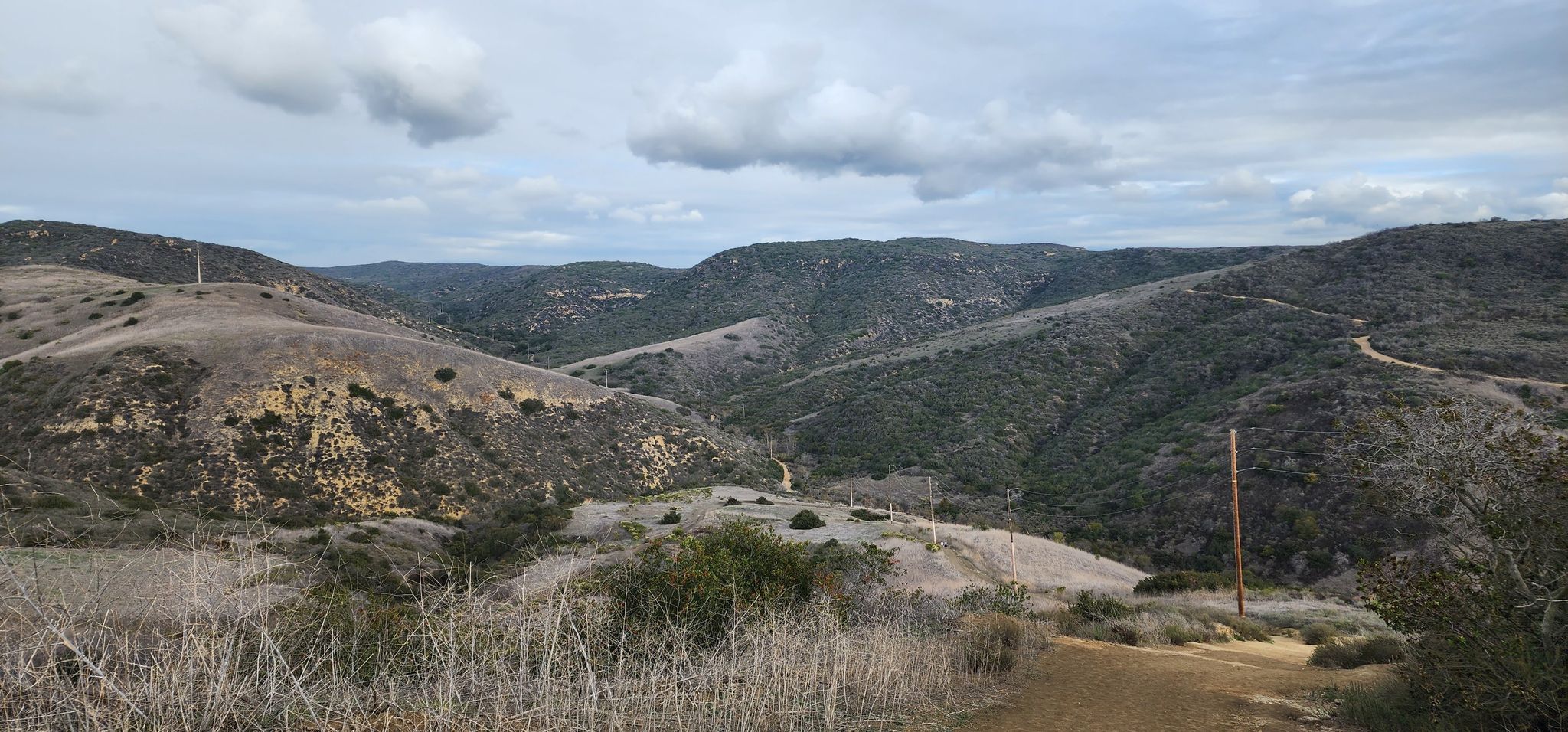 Expansive view of rolling hills and valleys with dry and green vegetation under a cloudy sky. - El Moro Canyon Loop Trail