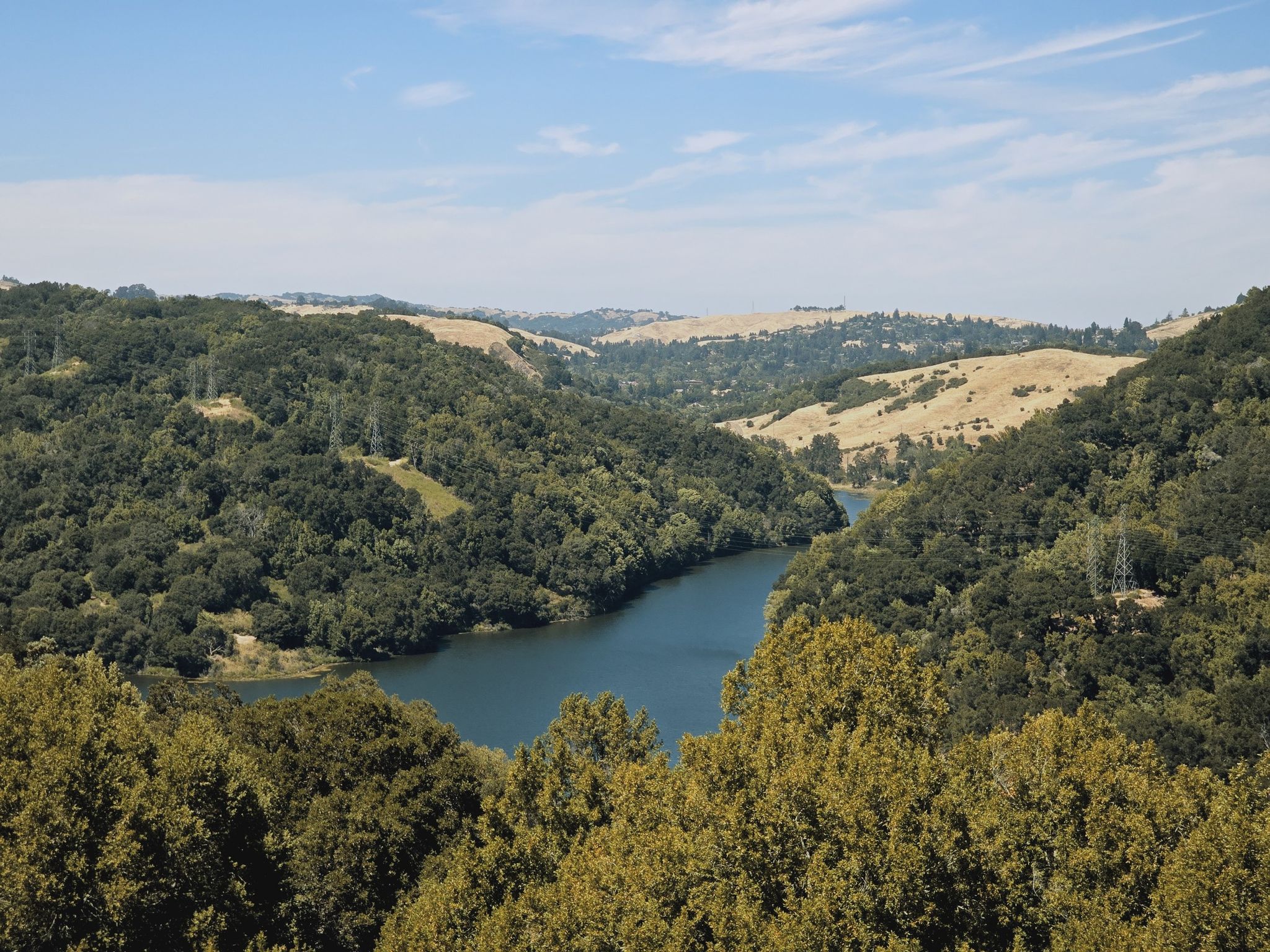 A calm lake surrounded by lush green and dry golden hills under blue sky. - Moraga Commons Park loop from Moraga