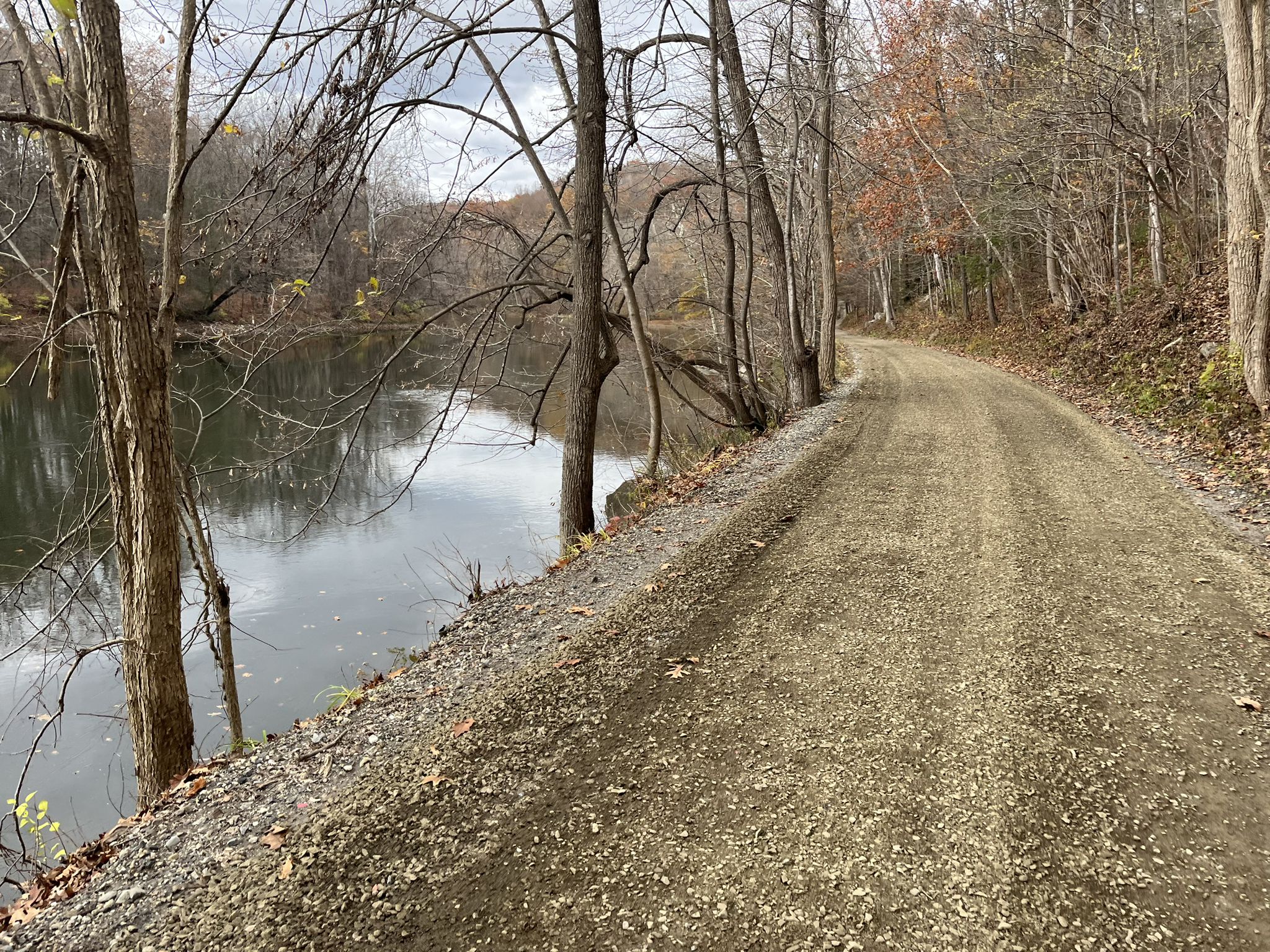 Gravel path alongside a calm river, surrounded by bare trees under an overcast sky. - River Trail – Bulls Bridge loop from Park Lane
