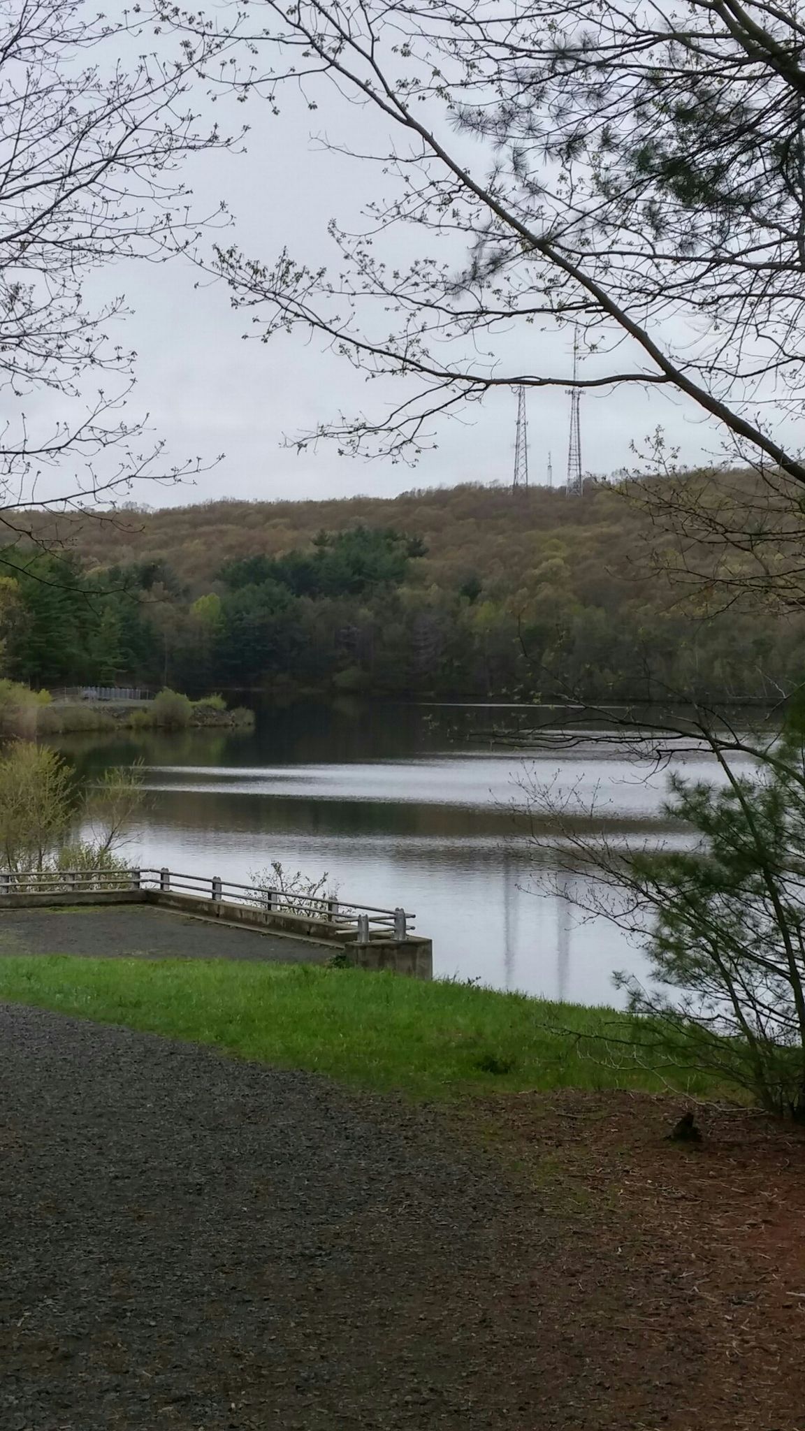 Overcast view of a calm lake surrounded by wooded hills and bare trees. - Lake Wintergreen loop from West Rock Ridge State Park