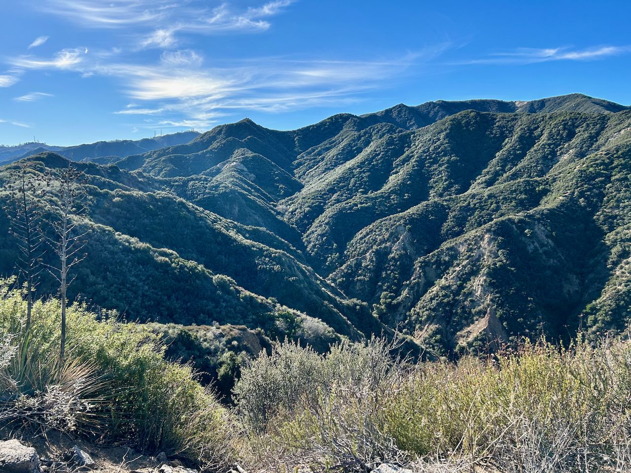 Lush green mountains and valleys under a bright blue sky with scattered clouds. - Pico Canyon Loop