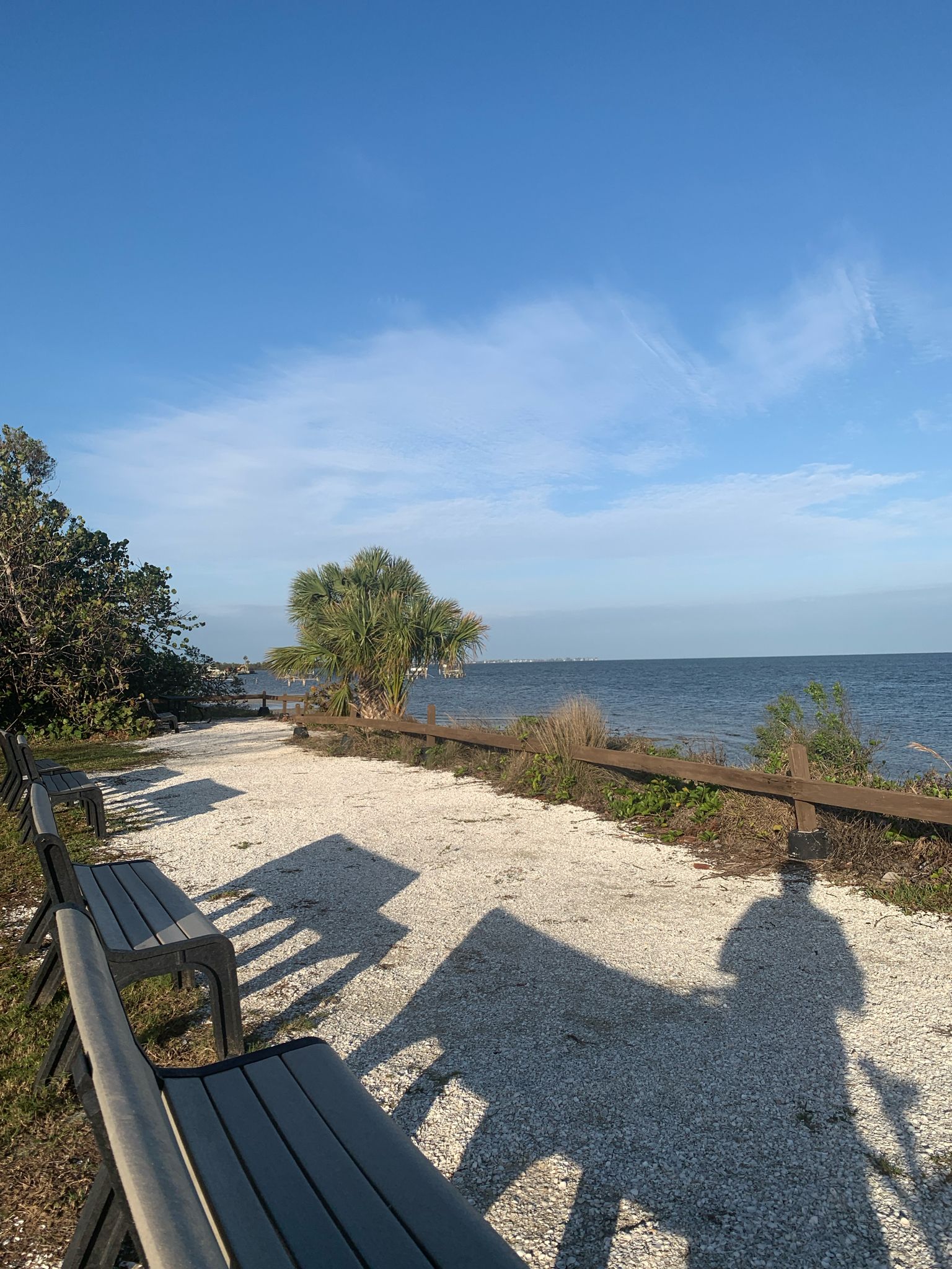 Sunny gravel path with benches beside calm water, person's shadow visible. - Memorial Trail Loop