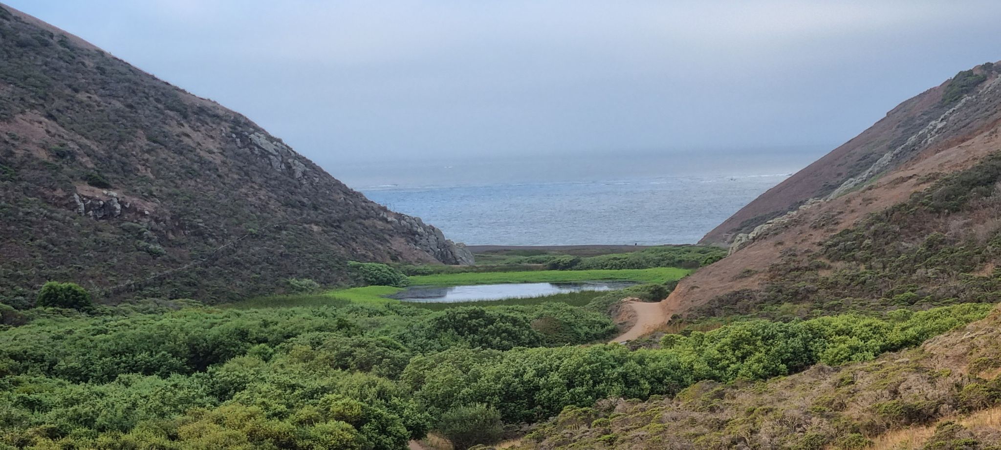 Overcast valley with a pond and distant ocean, surrounded by hills. - Tennessee Valley Trail