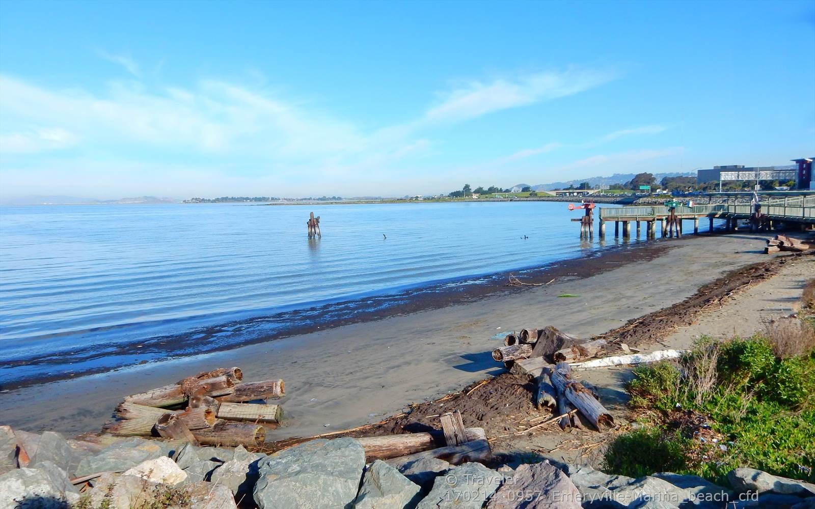 Sunny beach with driftwood, calm bay, and people on a distant pier. - Bay Trail Loop