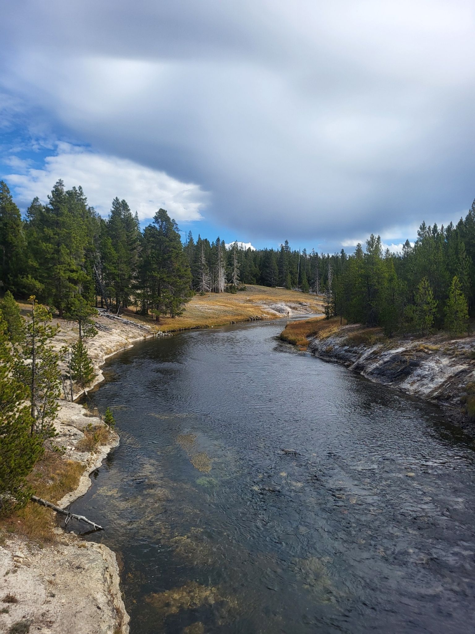 A wide river curves through a forested landscape with rocky banks under a cloudy sky. - Old Faithful Geyser – Morning Glory Pool loop from Old Faithful Inn