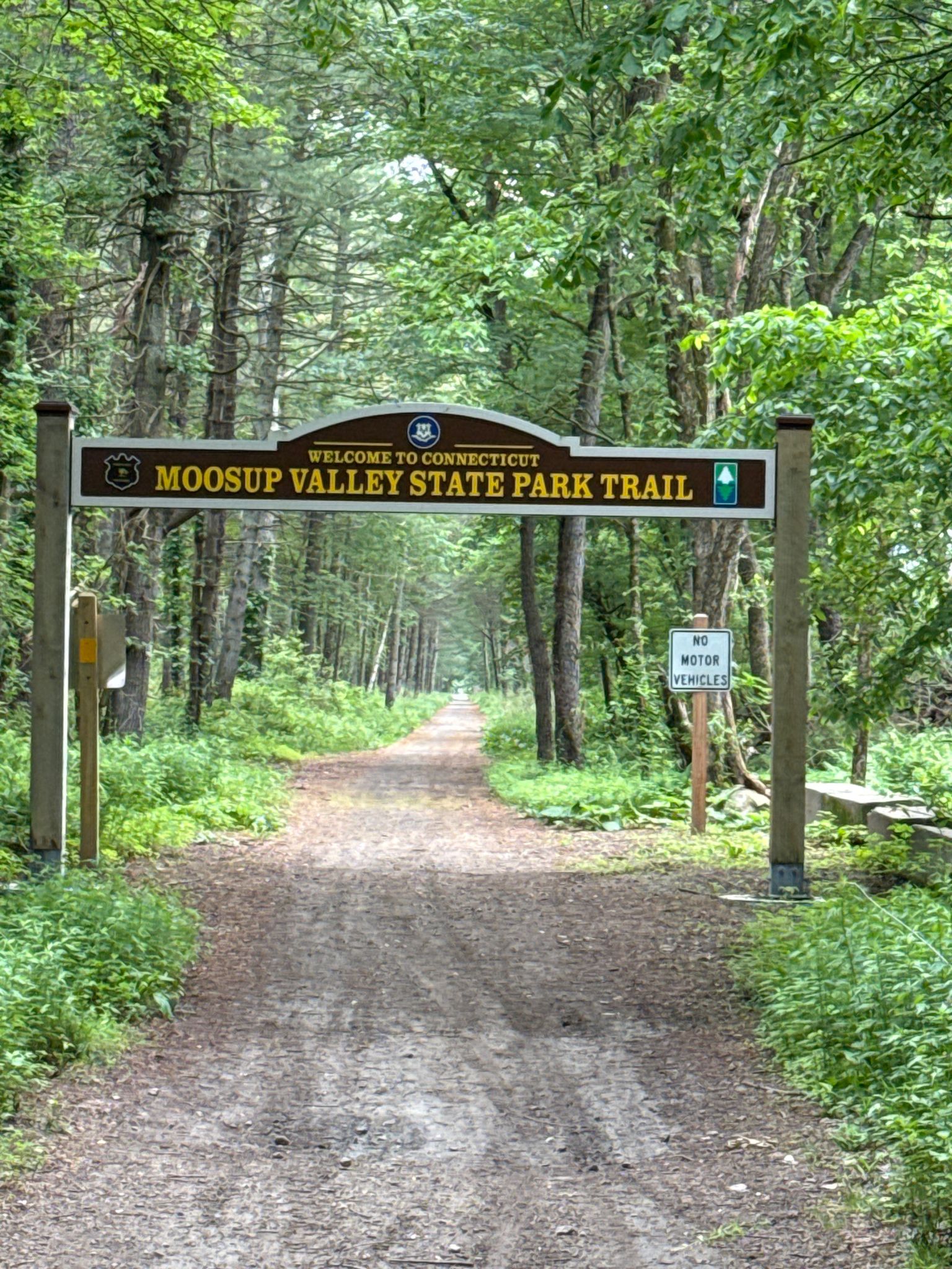 A wide dirt trail entrance through a dense green forest with a large wooden sign. - Trestle Trail