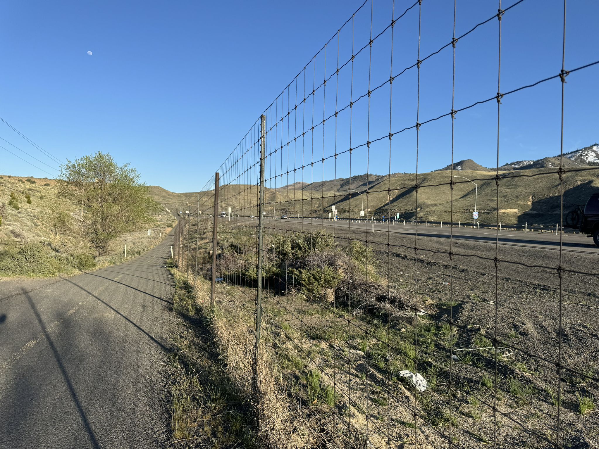 A wire fence runs alongside a road with dry hills under a clear sky. - Bartley Ranch to Crystal Peak Park loop