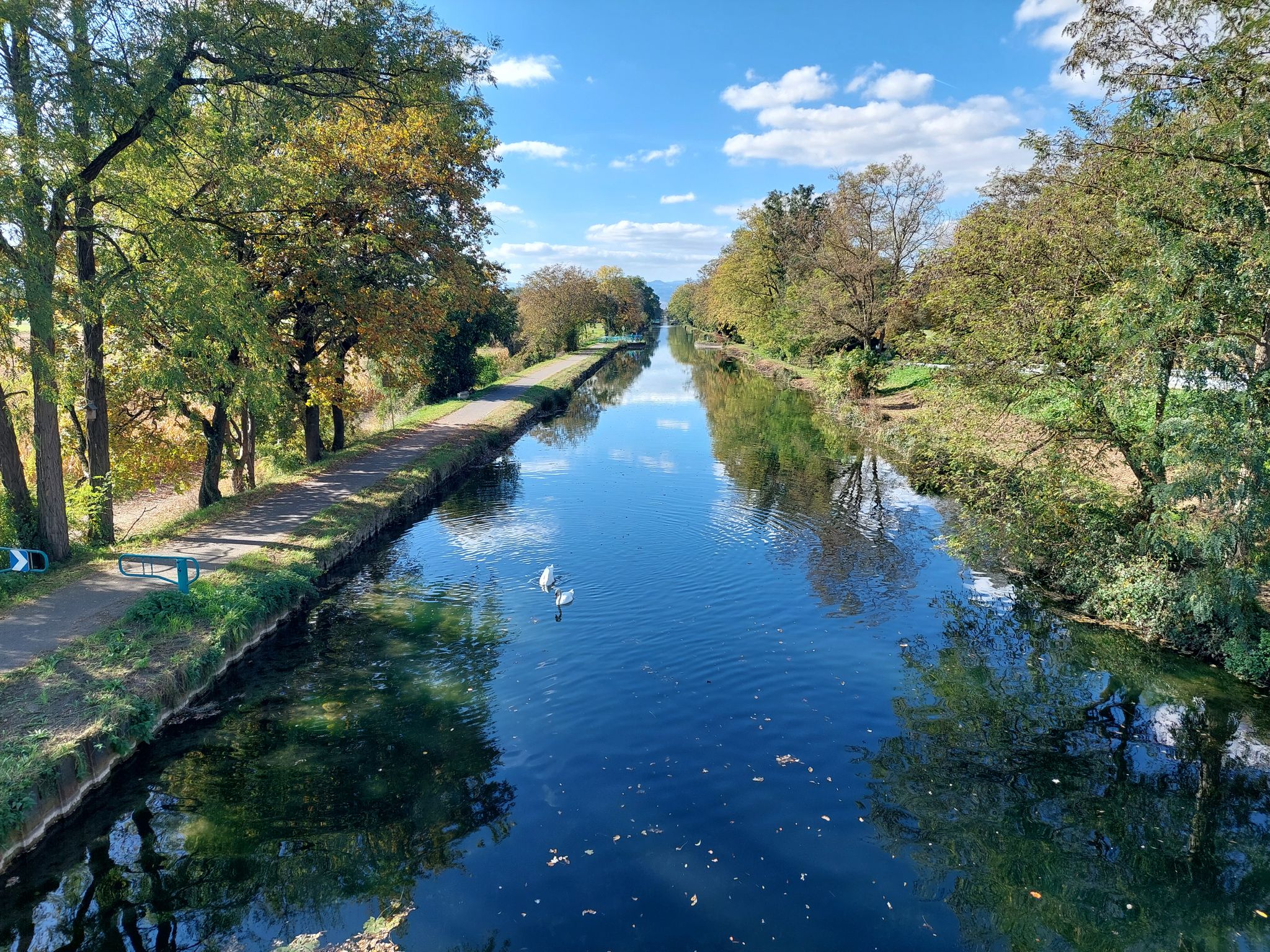 Canal de Colmar zwischen Muntzenheim und Wickerschwihr, Blick Richtung Westen mit Vogesensilhouetten im Hintergrund