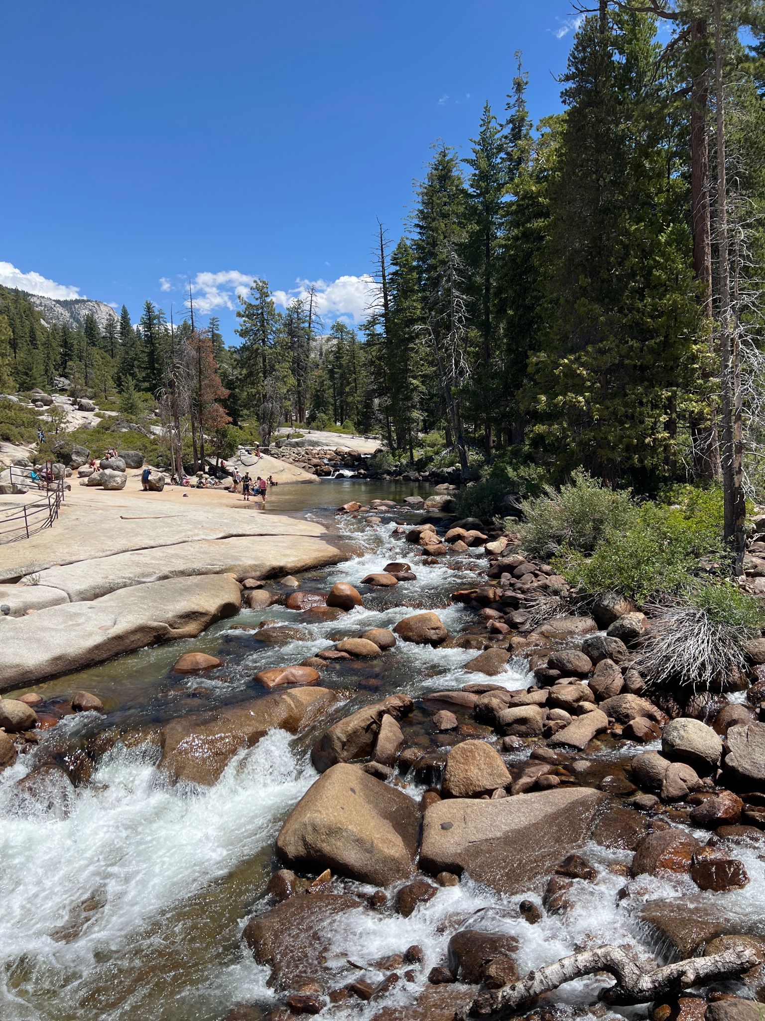 People relaxing by a rocky river flowing through a pine forest on a sunny day. - Vernal and Nevada Falls via Mist Trail