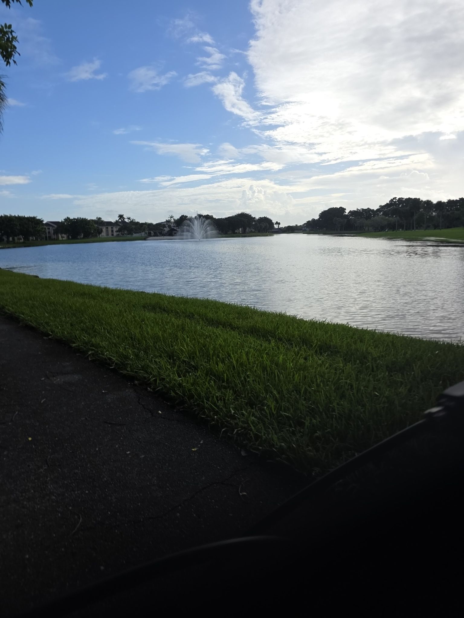 A wide lake with a fountain, green grass, and trees under a cloudy sky. - Hammocks Lakes Loop