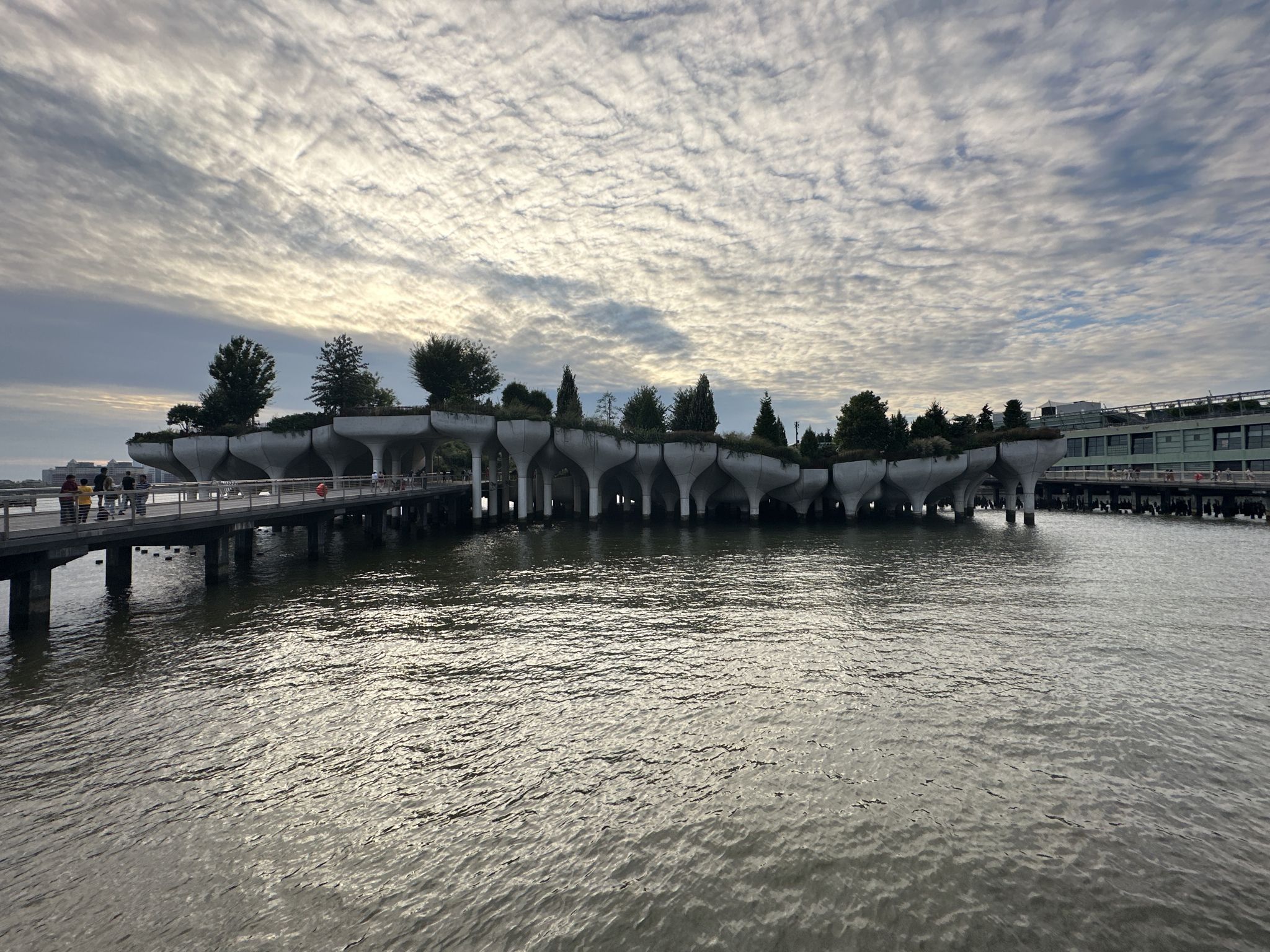 Unique elevated park structure with trees over water under a cloudy sky. - One World Trade Center – East Coast Memorial loop from 50th Street
