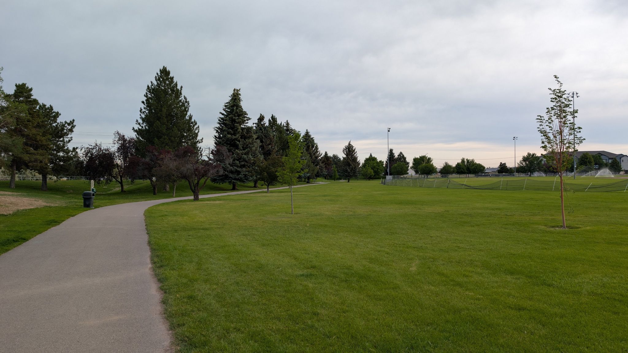 Paved path through a green park with trees under an overcast sky. - Idaho Canal Trail Loop