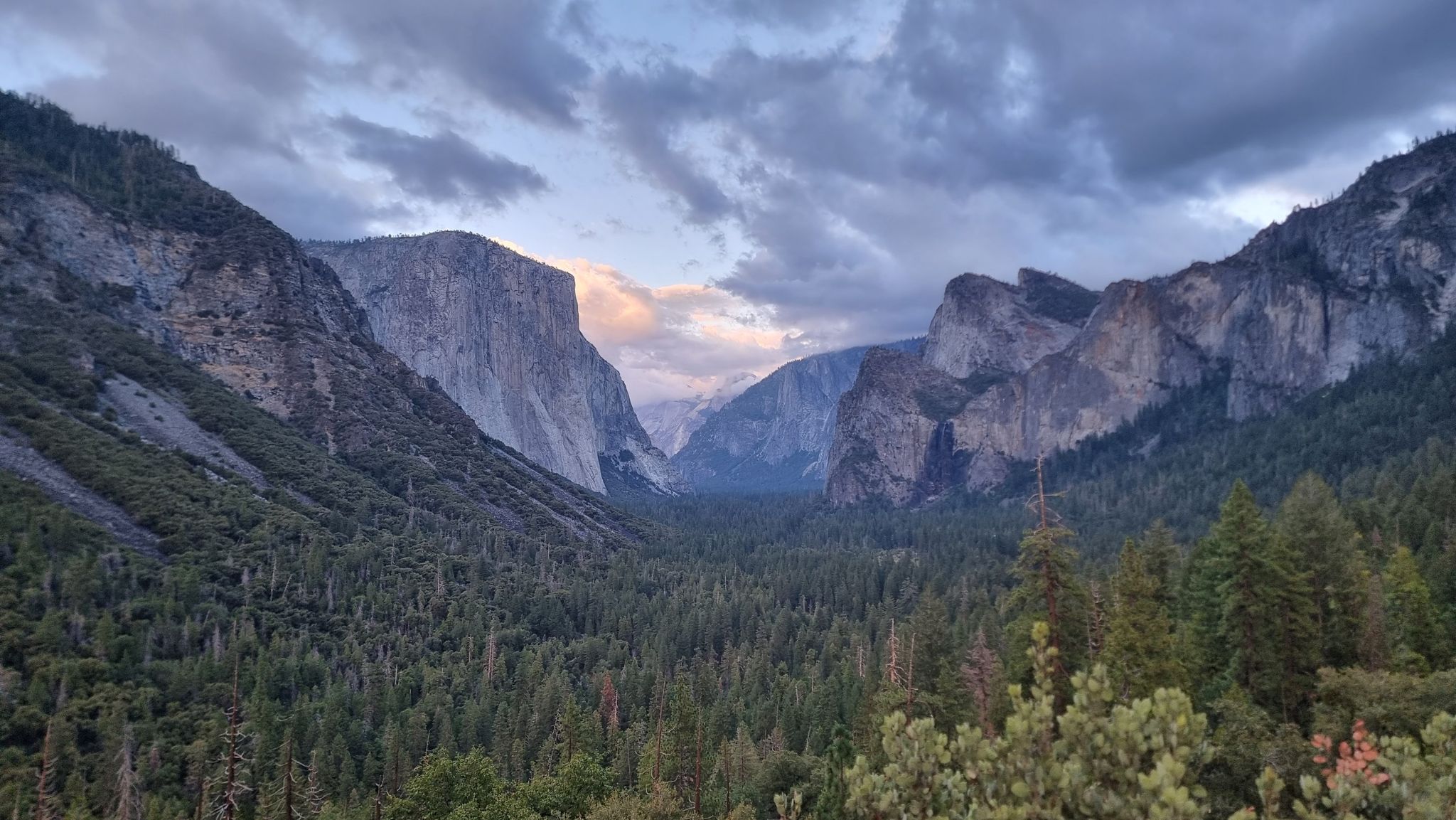 A deep valley with towering rock formations and dense green forest under cloudy skies. - From the Yosemite Valley to Glacier Point and back