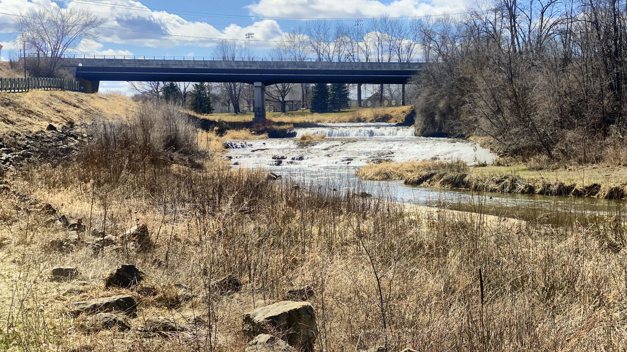 Rocky riverbed with shallow water and dry grass, under a large bridge. - Duck Pond and falls – Little Cannon River falls loop from River Terrace Prairie SNA