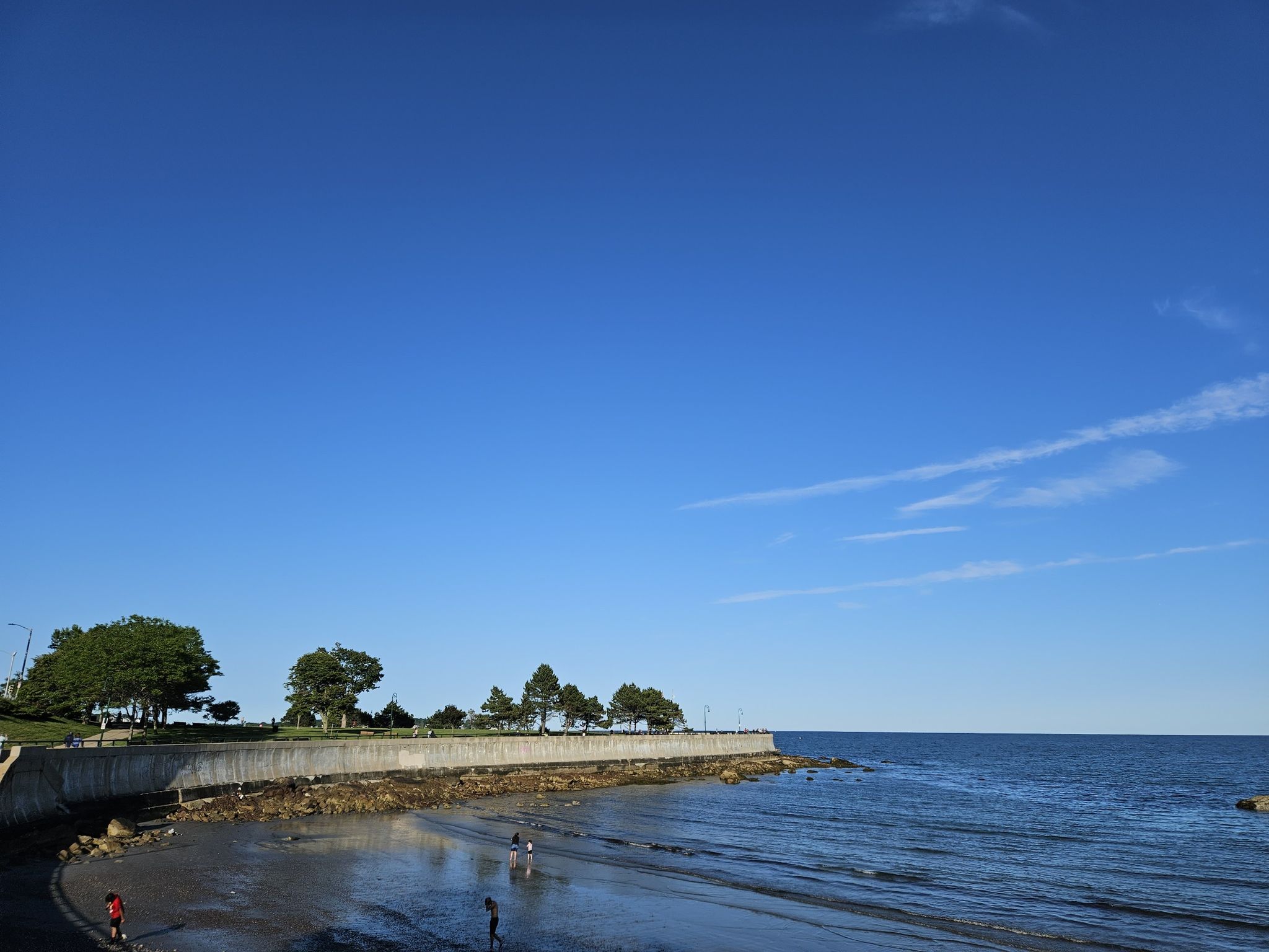 People walk on a rocky beach next to a seawall under a clear blue sky. - Whales Beach – Devereux Beach loop from Marblehead