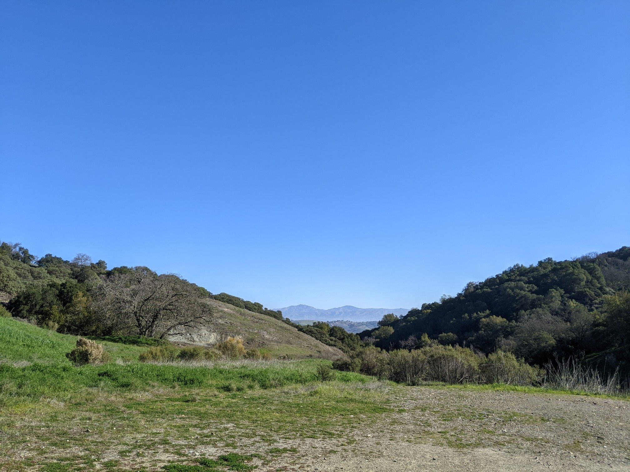 Green hills and a wide valley with distant hazy mountains under a clear sky. - McAbee Entry – Senador Mine Trail loop from Castillero Middle School