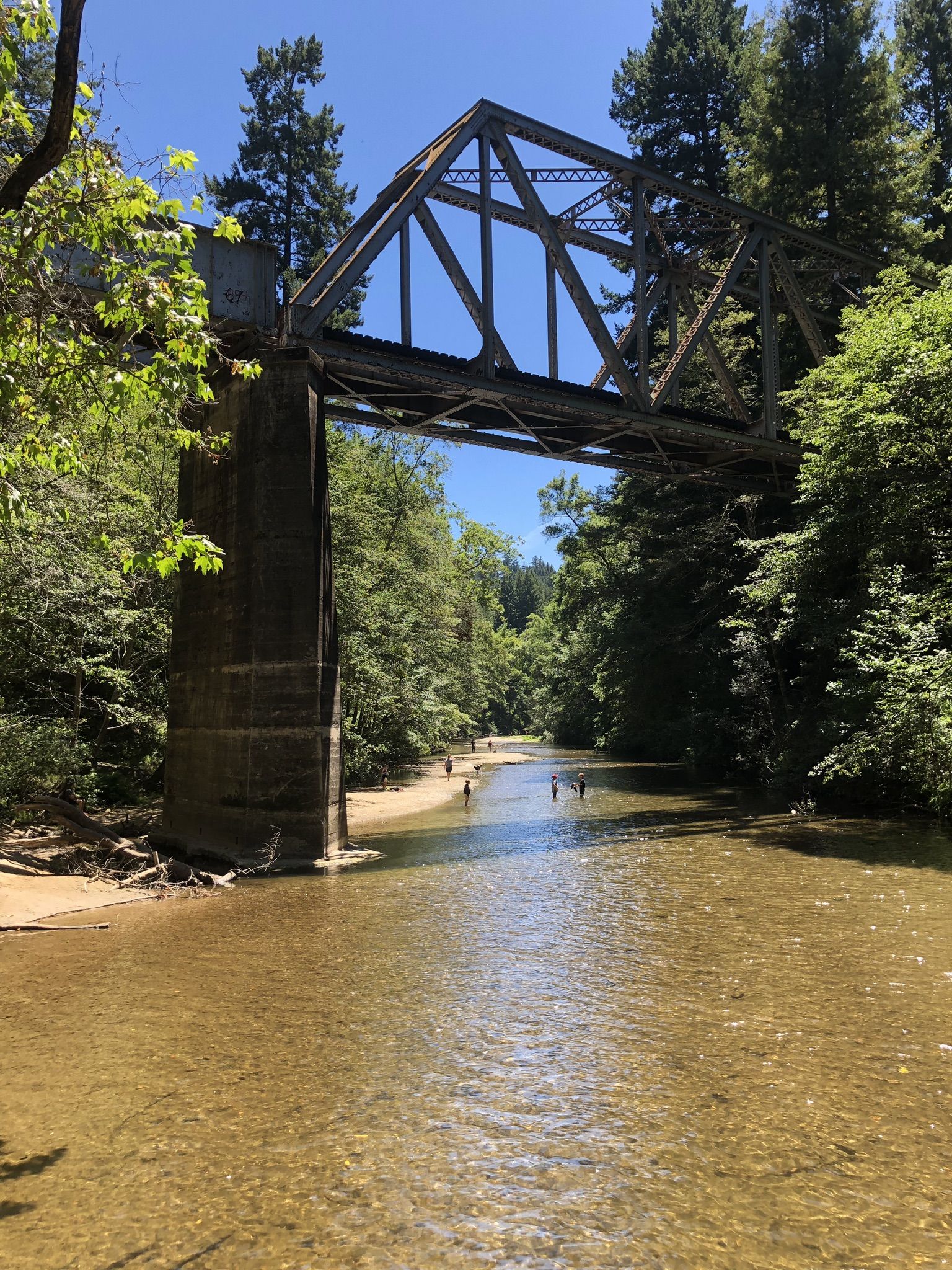 Metal truss bridge over a river with people wading, surrounded by trees. - Bear Mountain via Ox Trail