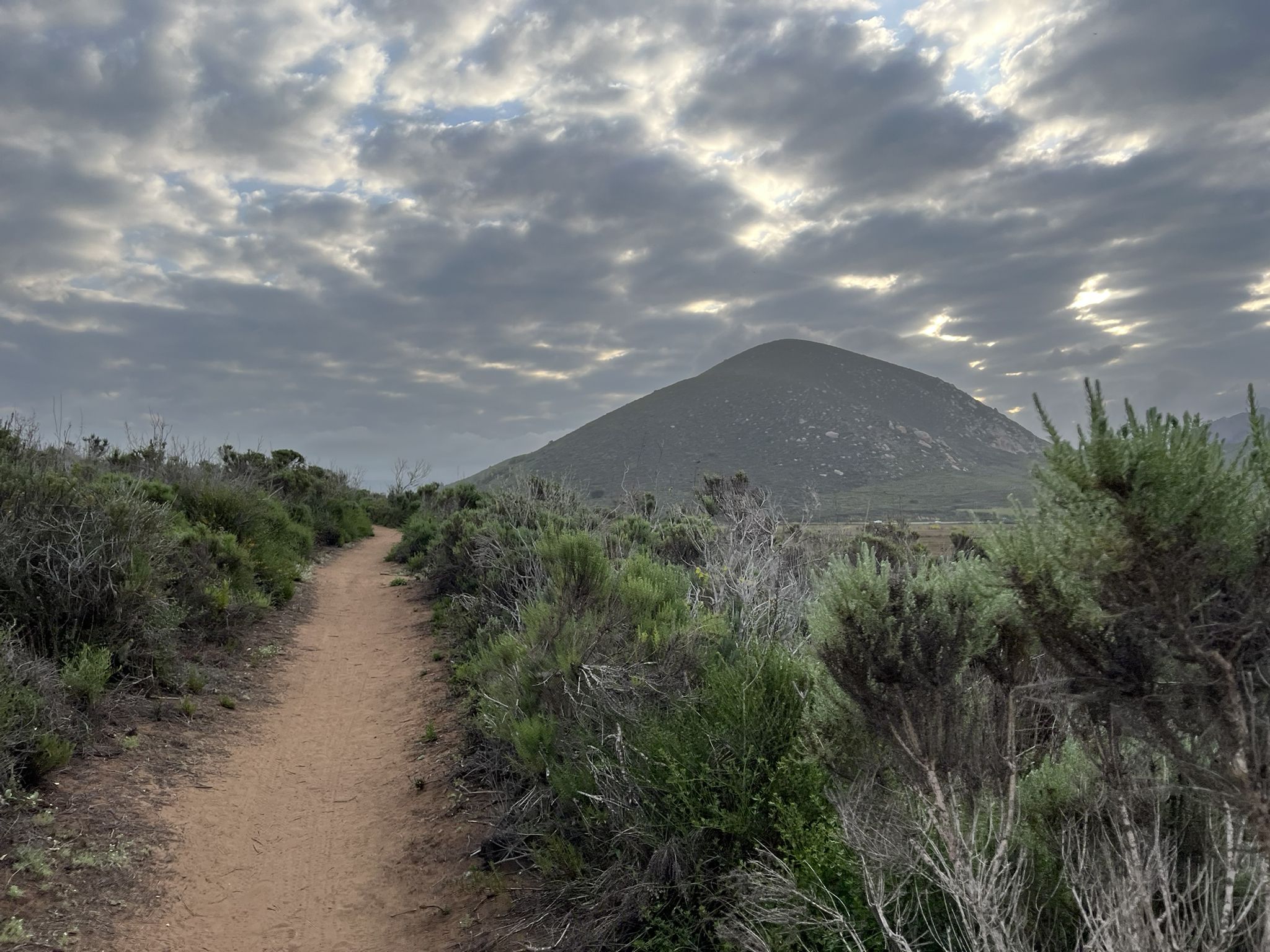 Dirt path leading towards a large, conical hill under a dramatic cloudy sky. - Black Hill Loop via Exercise, Grove, and Pipeline Trail