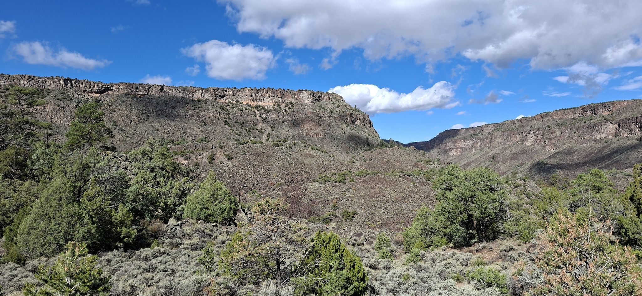 Sunny canyon landscape with rocky cliffs, green scrub, and blue sky. - Big Arsenic Trail